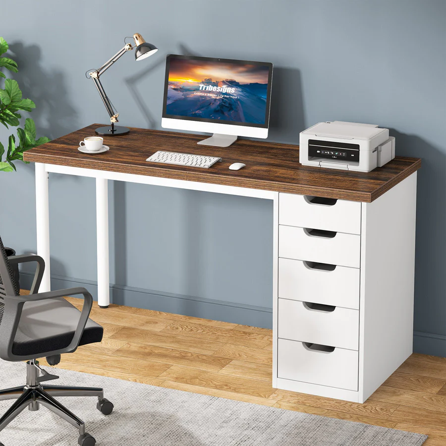 MAYEERTY 47 Inch Computer Desk with 5 White Drawers, 1.18" Thick Engineered Wood Home Office Desk with White Metal Legs
