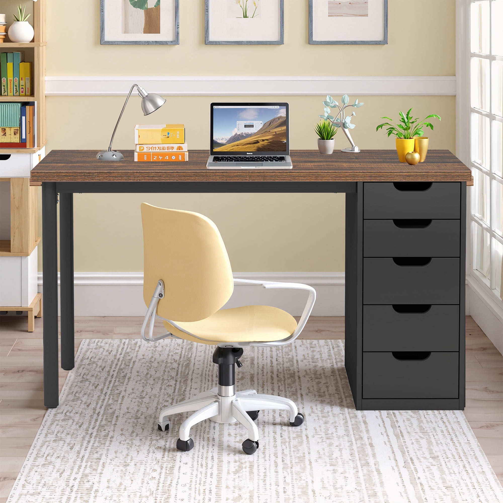 MAYEERTY 47.24" Industrial Desk, 5 Drawers with Metal Rails, 1.18" Thick Engineered Wood