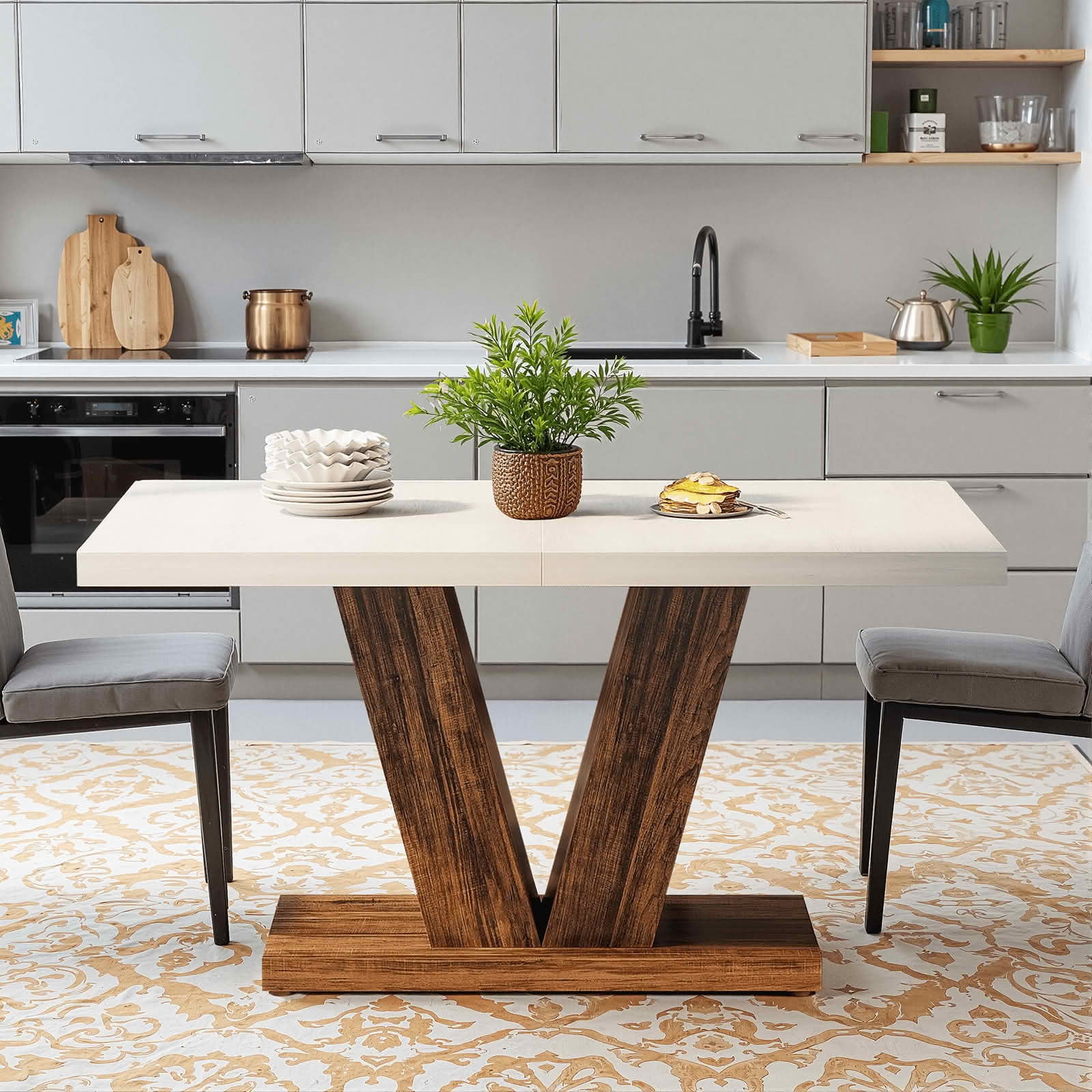 MAYEERTY 47" Farmhouse Wooden Dining Table, Rectangular Kitchen Table with Sturdy Pedestal Base, Seats 4-6 People, 250LBS Load