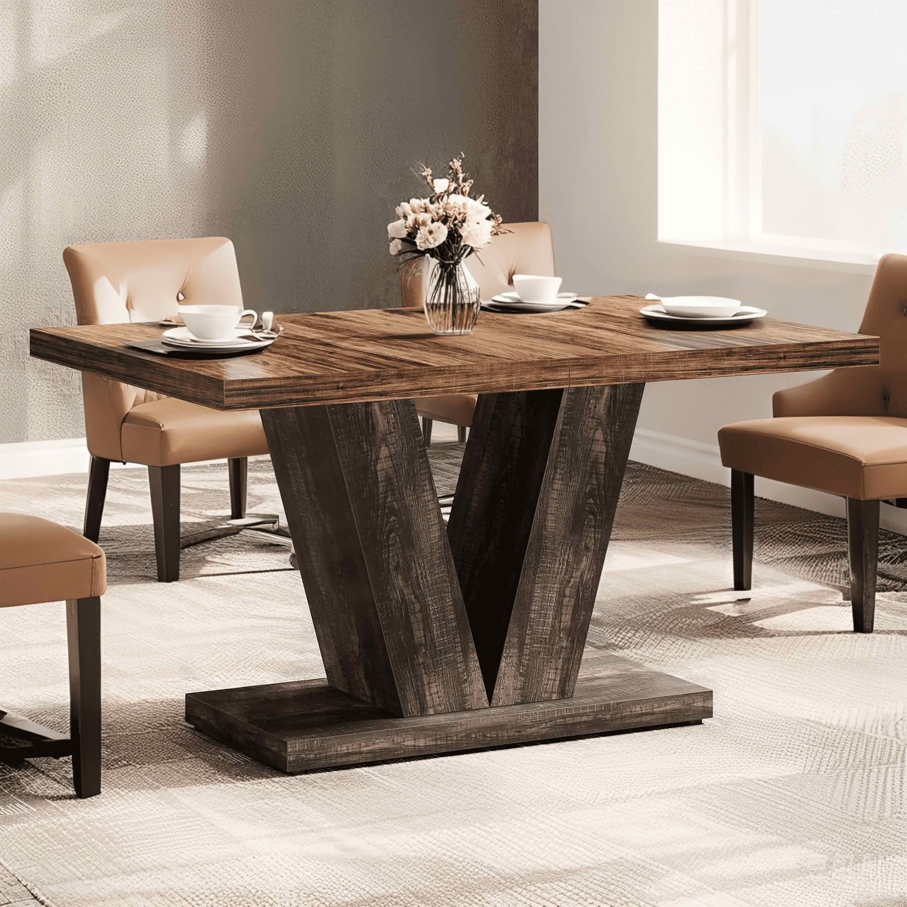 MAYEERTY 47 Inch Farmhouse Black Brown Dining Table, Heavy Duty Pedestal Kitchen Table Seats 4-6 for Home Café