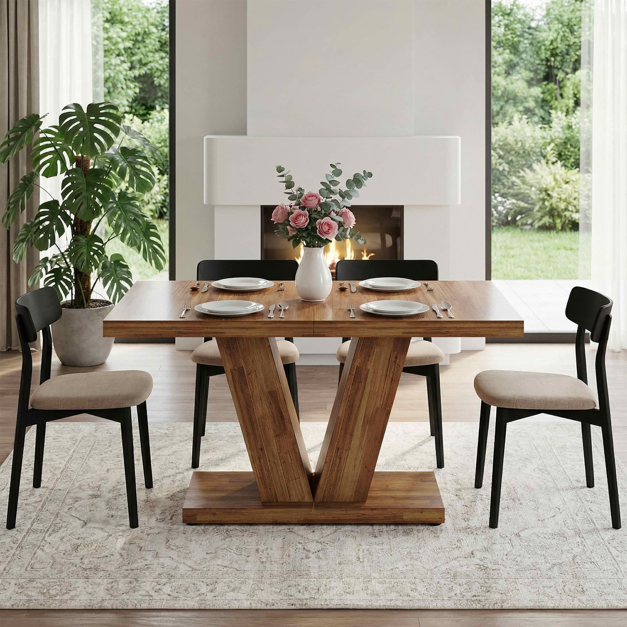 MAYEERTY 47 Inch Farmhouse Dining Table, Rectangular Kitchen Dinner Table with Heavy Duty Triangular Pedestal Base for 4 to 6 People