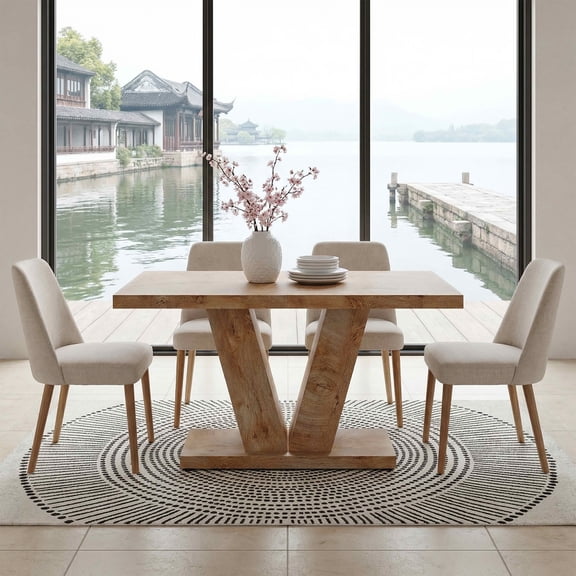 MAYEERTY 47 Inch Farmhouse Dining Table, Rectangular Kitchen Dinner Table with Heavy Duty Triangular Pedestal Base for 4 to 6 People