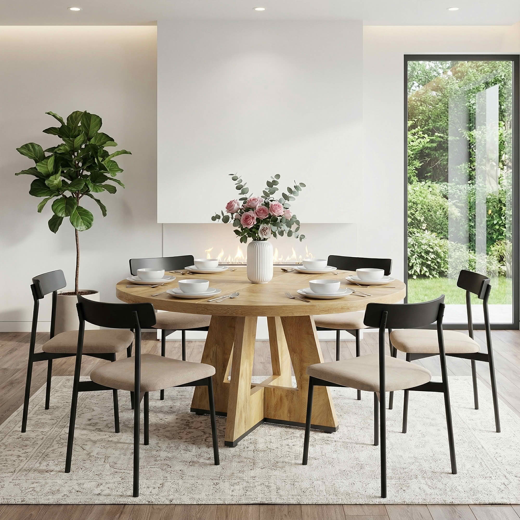 MAYEERTY 47 Inch Farmhouse Round Dining Table, Wooden Kitchen Dinner Table for 4 People with Sturdy Metal Frame