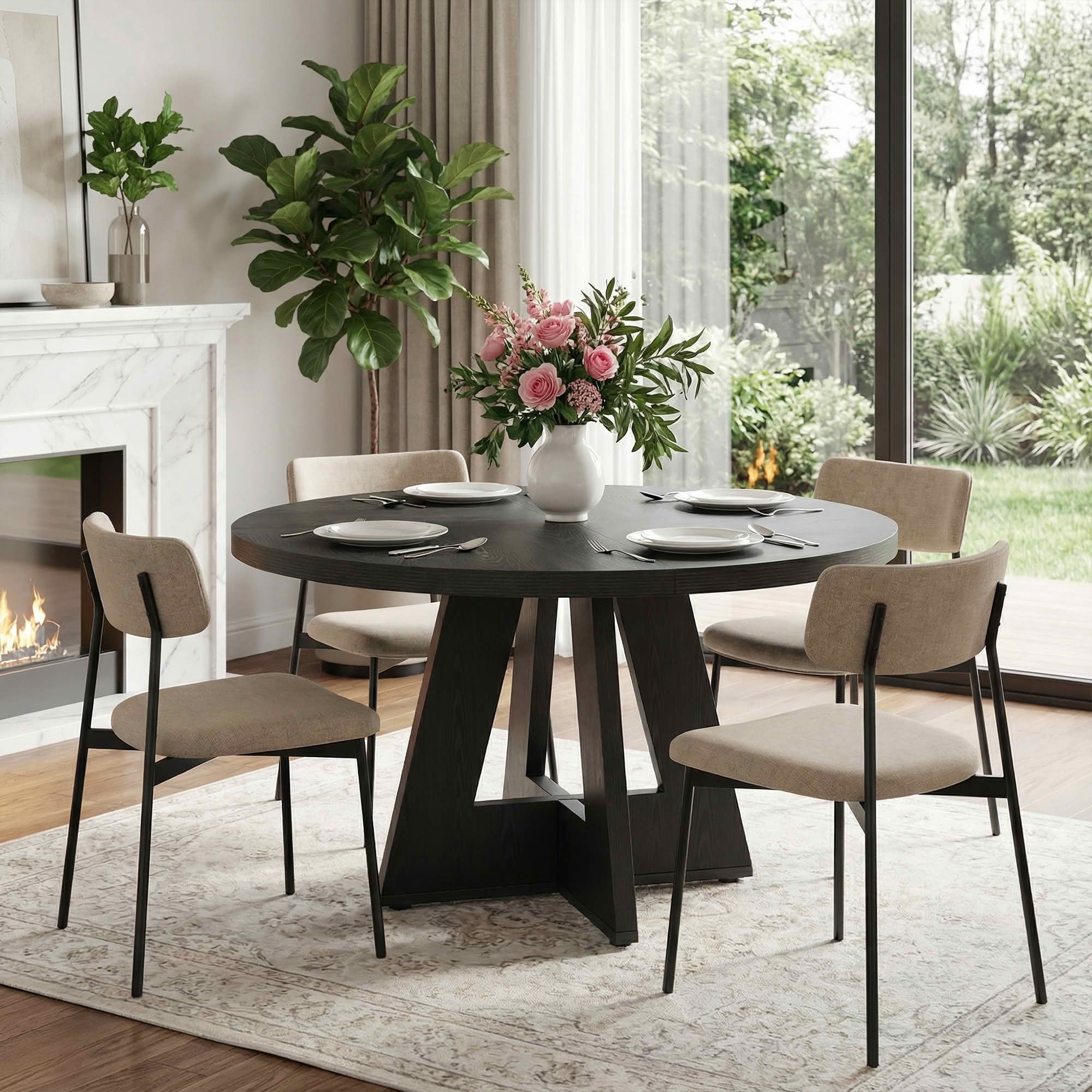MAYEERTY 47 Inch Farmhouse Round Dining Table, Wooden Kitchen Dinner Table for 4 People with Sturdy Metal Frame