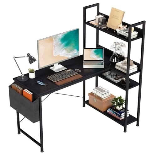 MAYEERTY 47 Inch L-shaped Computer Desk with Shelf, Reversible Corner Desk, Monitor Storage & Adjustable Standing Bookshelf with Side Pocket