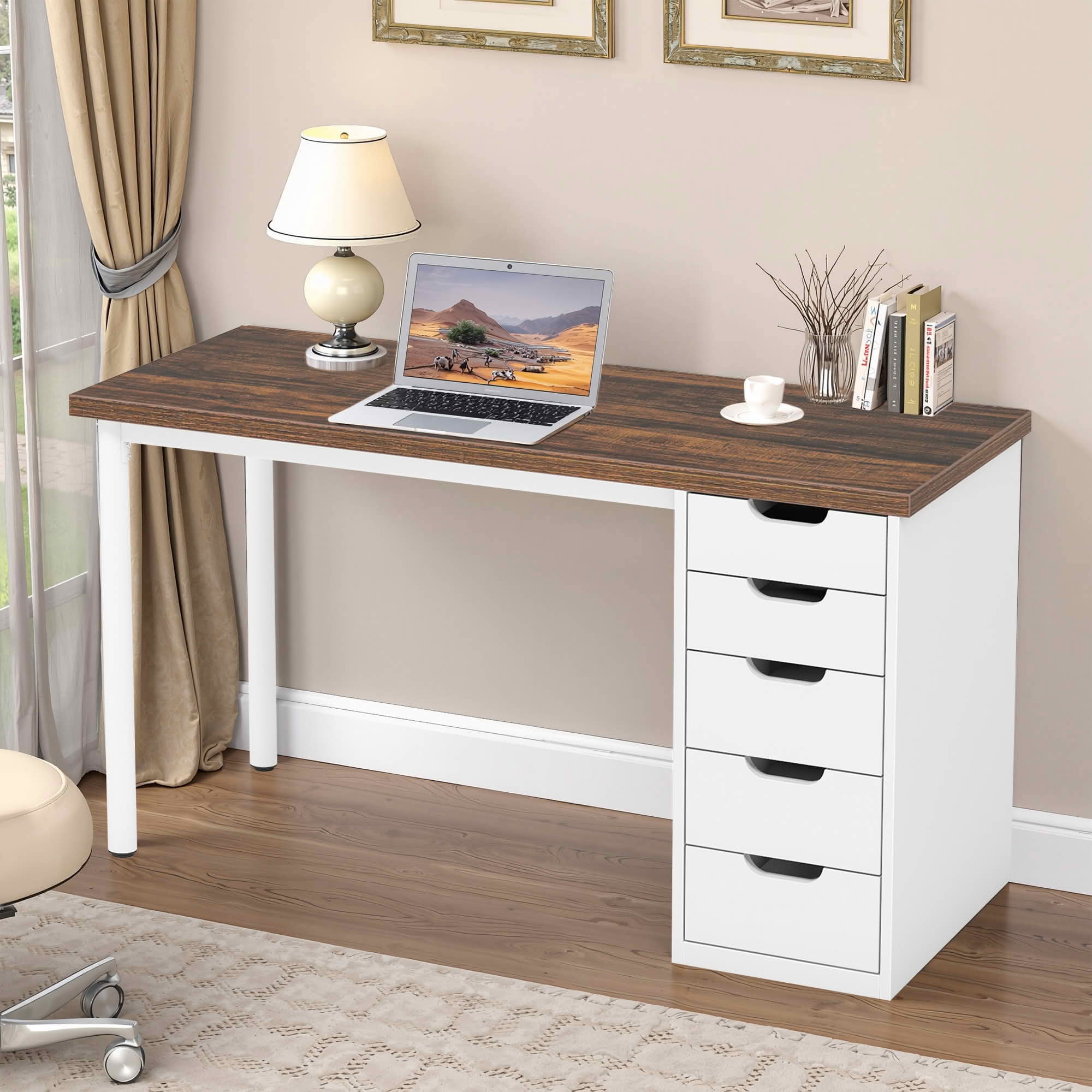 MAYEERTY 47 Inch Modern Computer Desk with 5 Reversible Drawers, Rustic Brown Writing Table for Home Office