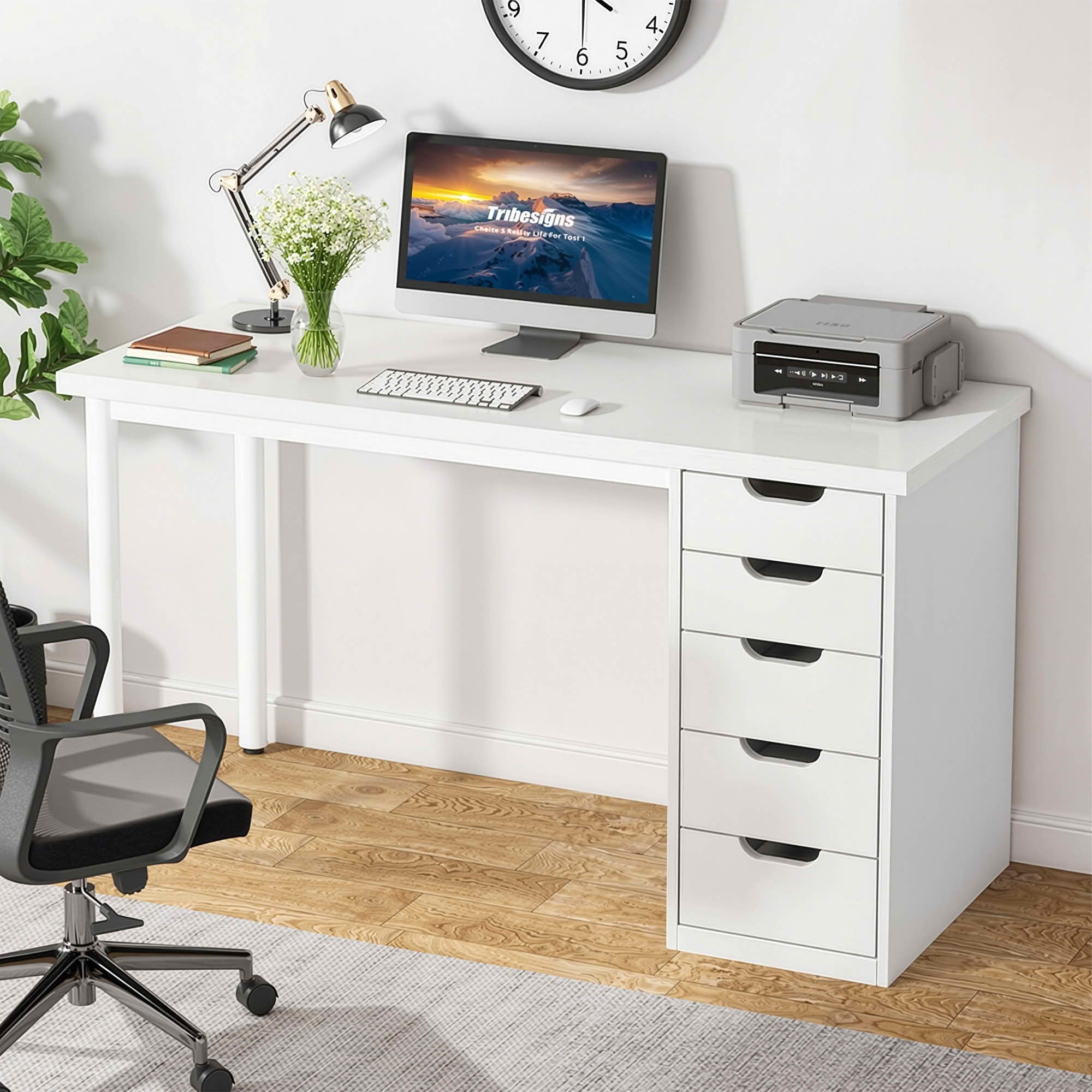 MAYEERTY 47 Inch Modern Computer Desk with 5 Reversible Drawers, Rustic Brown Writing Table for Home Office