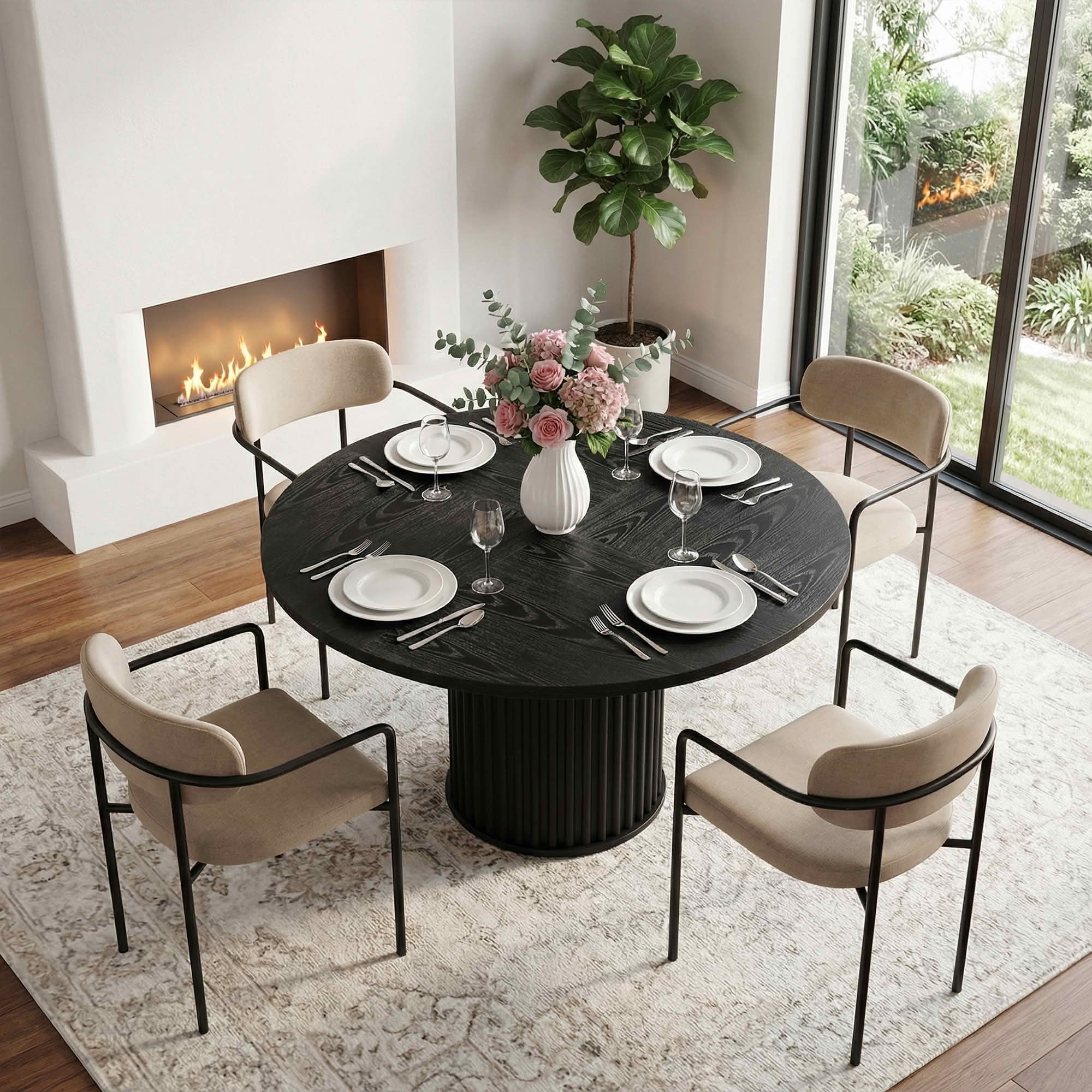MAYEERTY 47 Inch Round Dining Table, Modern Wood Kitchen Table with Fluted Metal Base for 6 People