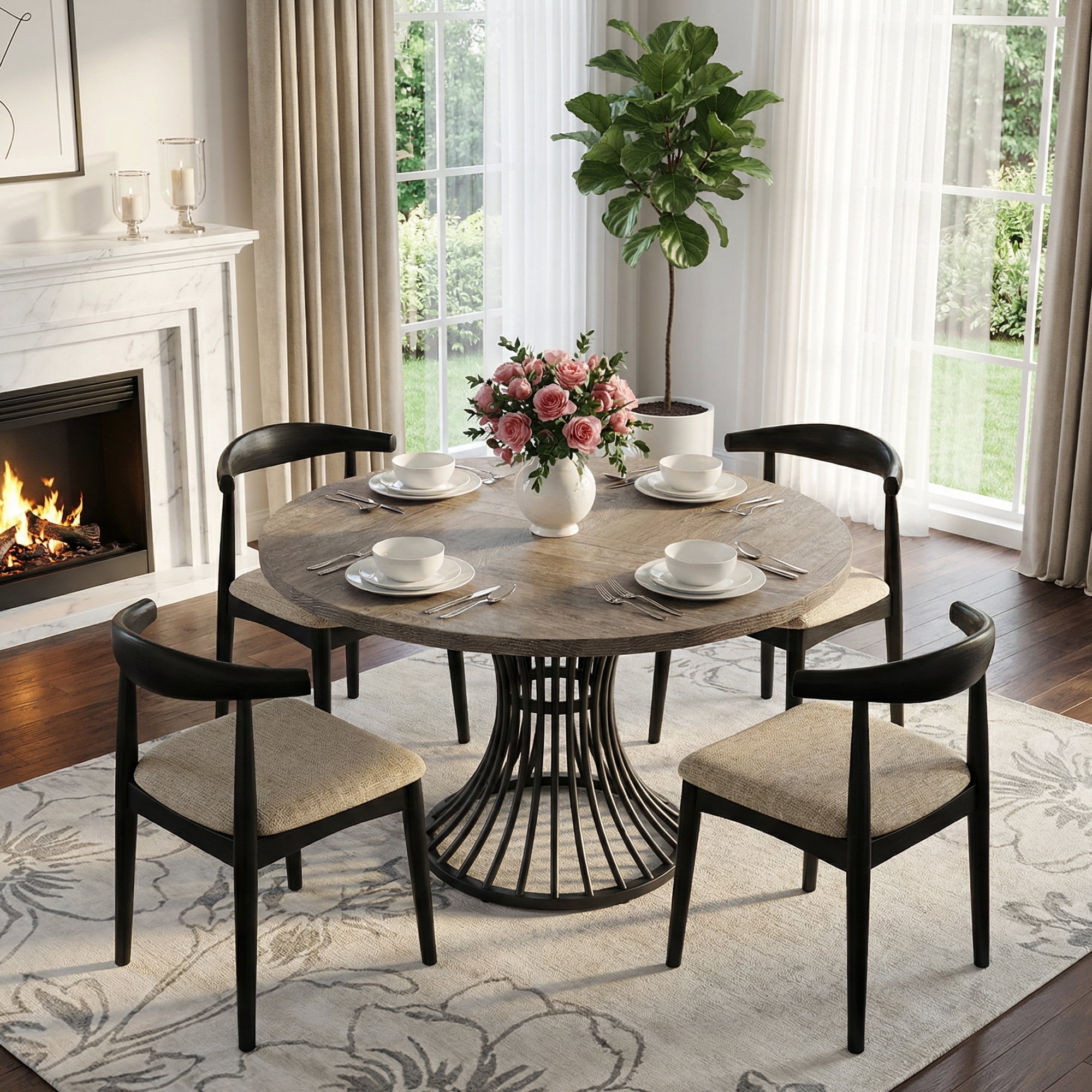 MAYEERTY 47 Inch Round Farmhouse Dining Table, Hourglass Shaped Metal Base Kitchen Dinner Table for 4 to 6 People