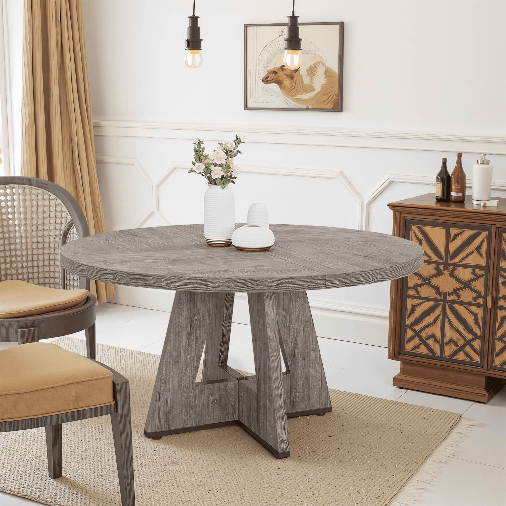 MAYEERTY 47 Inch Round Farmhouse Dining Table, MDF Top Metal Frame Kitchen Table Seats 4 for Home