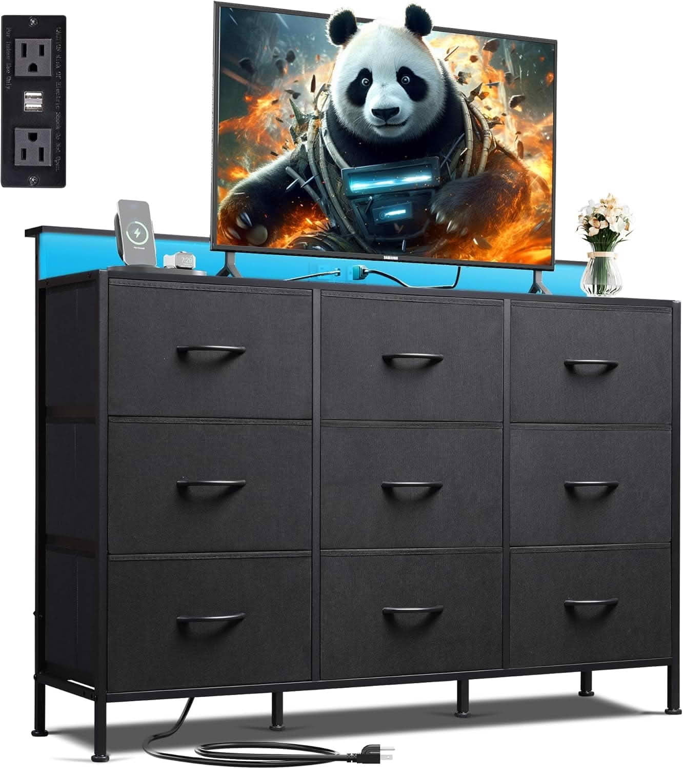 MAYEERTY 47-Inch TV Stand for 55-Inch TVs, RGB LED Charging Station 9 Fabric Drawers