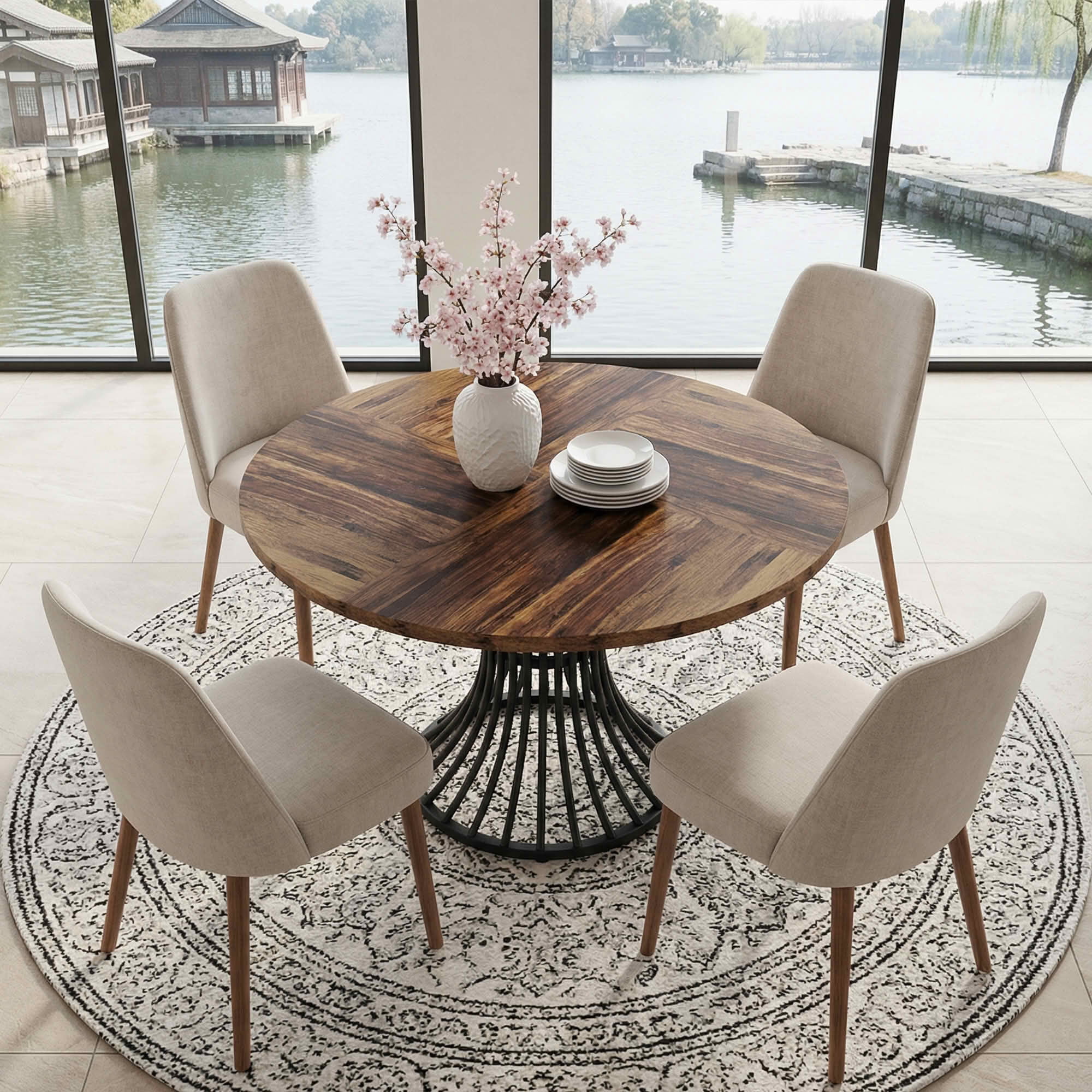 MAYEERTY 47" Round Hourglass Farmhouse Dining Table, MDF Top & Metal Base, 6-Person Versatile Table for Home & Cafe