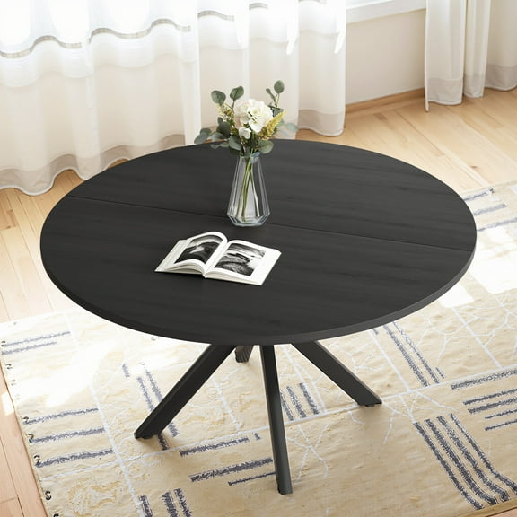 MAYEERTY 47"Round Modern Dining Table Fits 4-6, Farmhouse Style,Metal Frame for Kitchen/Dining Room, Black