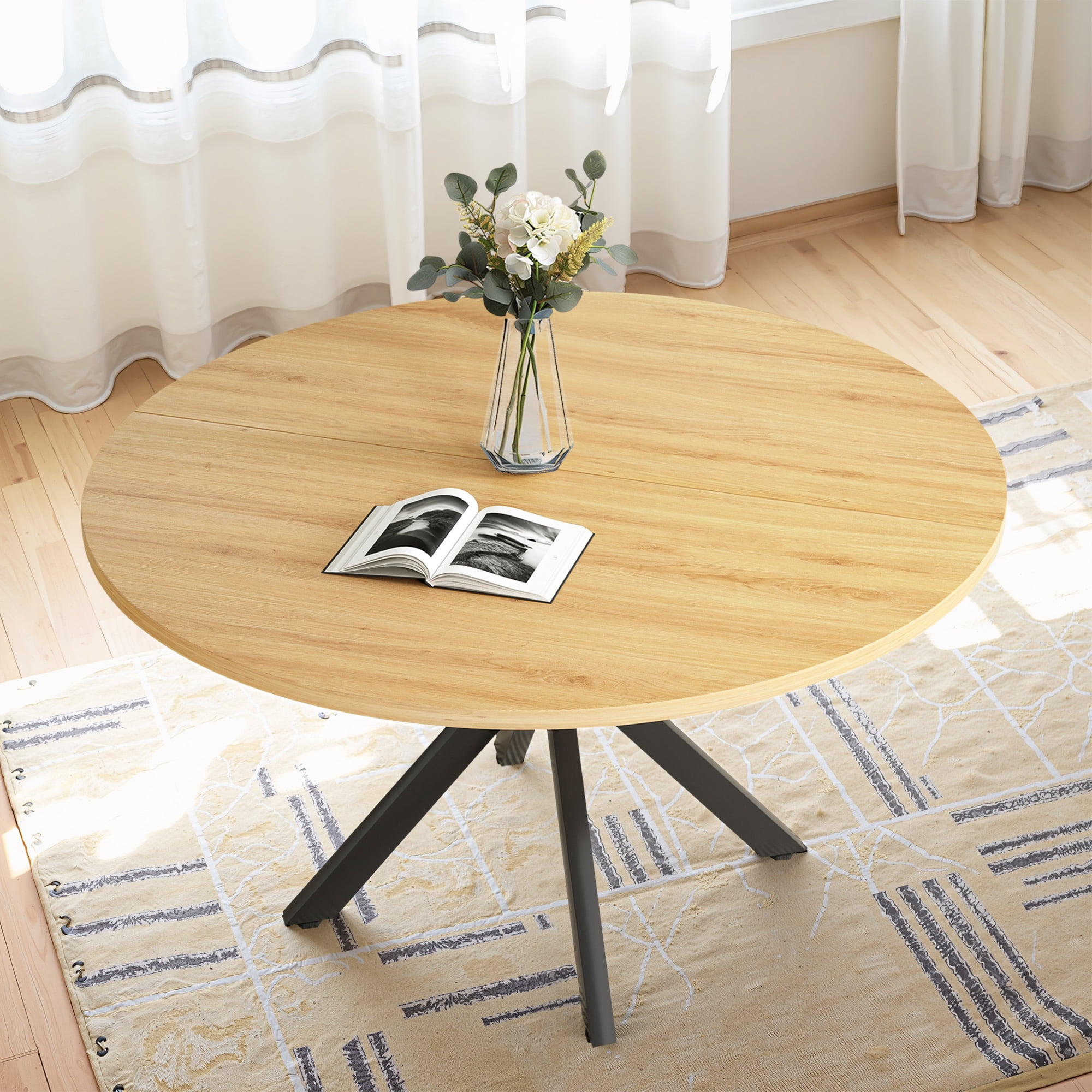 MAYEERTY 47"Round Modern Dining Table Fits 4-6, Farmhouse Style,Metal Frame for Kitchen/Dining Room, Nature