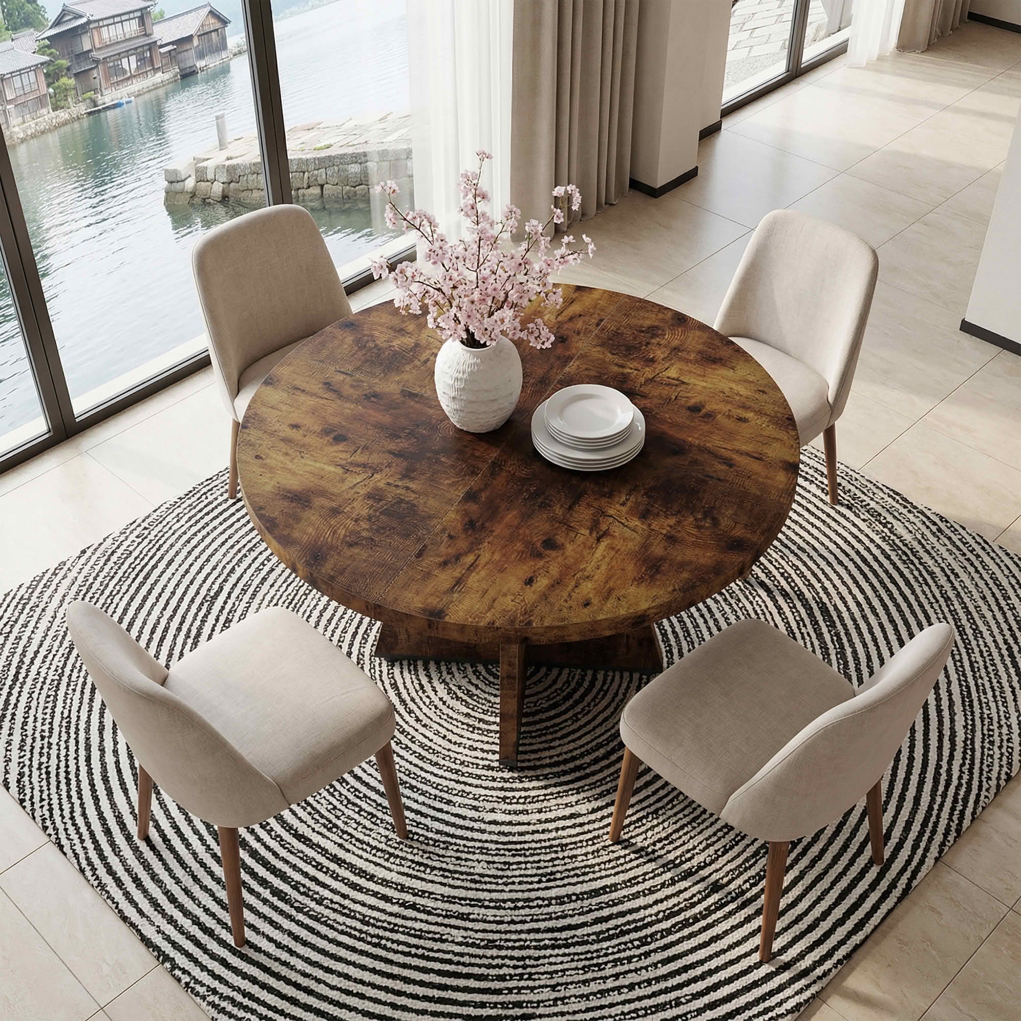MAYEERTY 47 Inch Farmhouse Round Dining Table, Wooden Kitchen Dinner Table for 4 People with Sturdy Metal Frame
