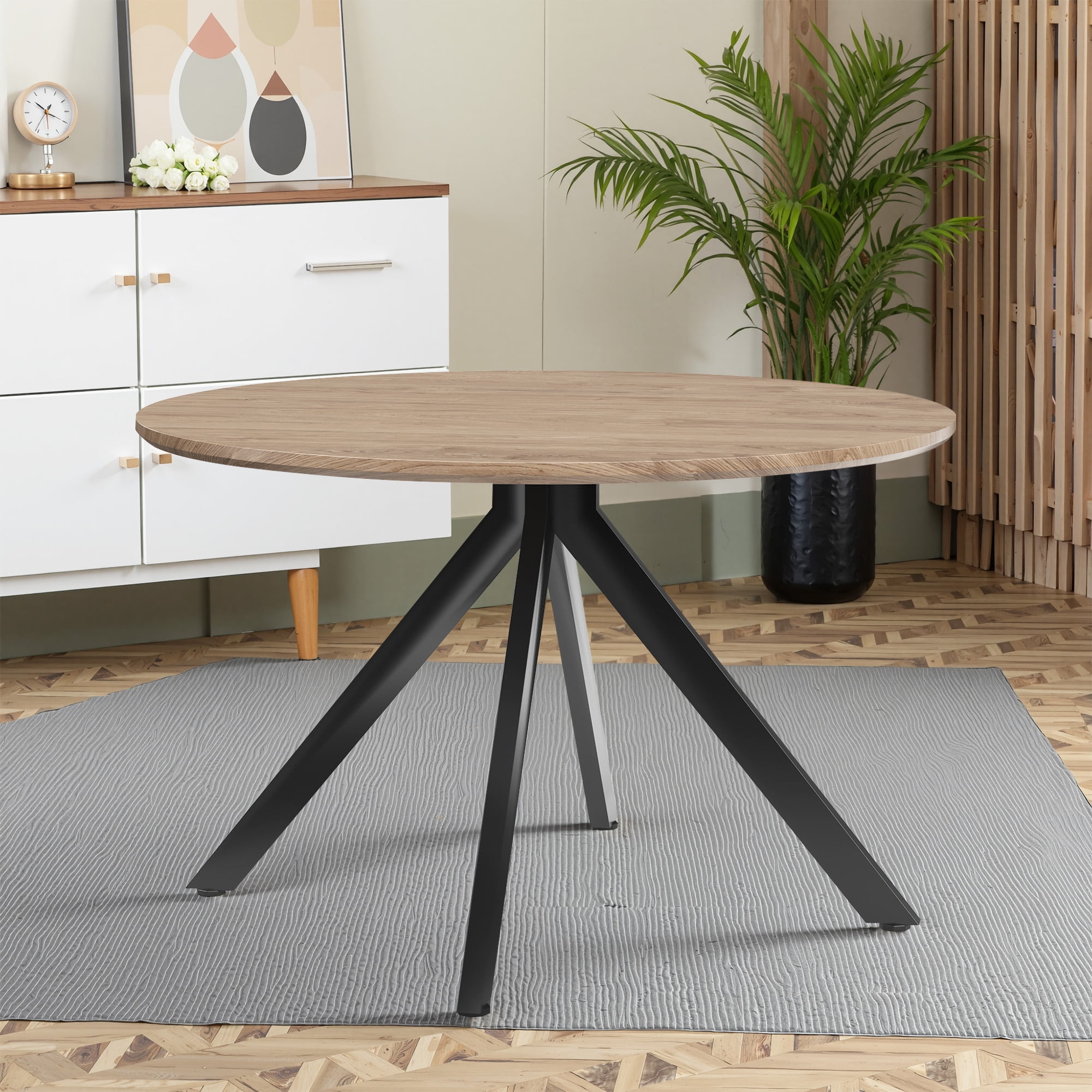MAYEERTY 47"Round Wooden Dining Table, Metal Frame, Fits 4-6,for Kitchen, Dining, Living Room, Brown