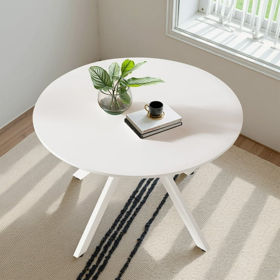 MAYEERTY 47"Round Wooden Dining Table, Metal Frame, Fits 4-6,for Kitchen, Dining, Living Room, White