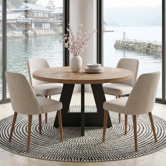 MAYEERTY 47" Rustic Round MDF Dining Table, Stable Waterproof 4-Person Kitchen Table