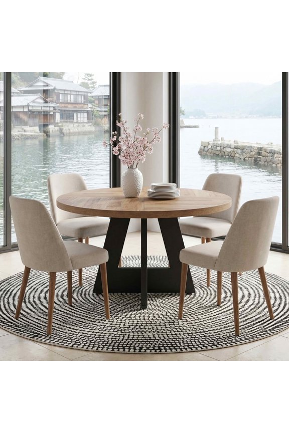 47" Rustic Round MDF Dining Table, Stable Waterproof 4-Person Kitchen Table