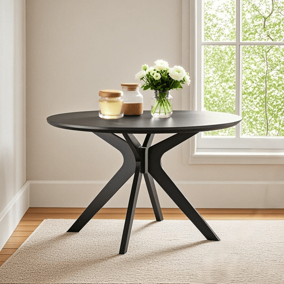 MAYEERTY 47" Solid Wood Round Dining Table, Intersecting Pedestal Base, Seats 4-6, Kitchen/Dining Room,Black