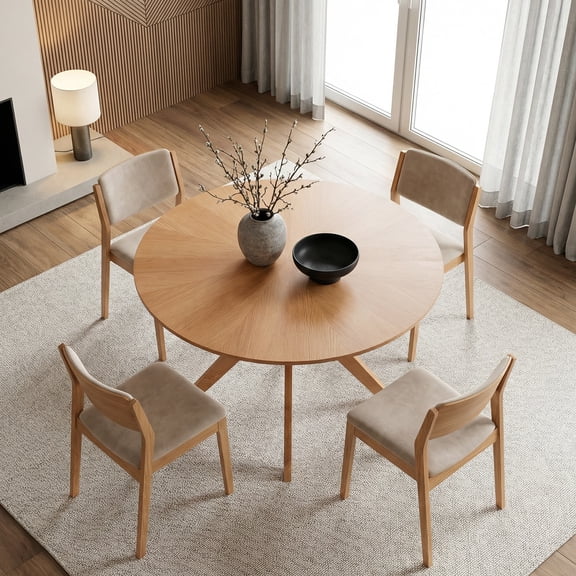 MAYEERTY 47" Solid Wood Round Dining Table, Intersecting Pedestal Base, Seats 4-6, Kitchen/Dining Room,Honey