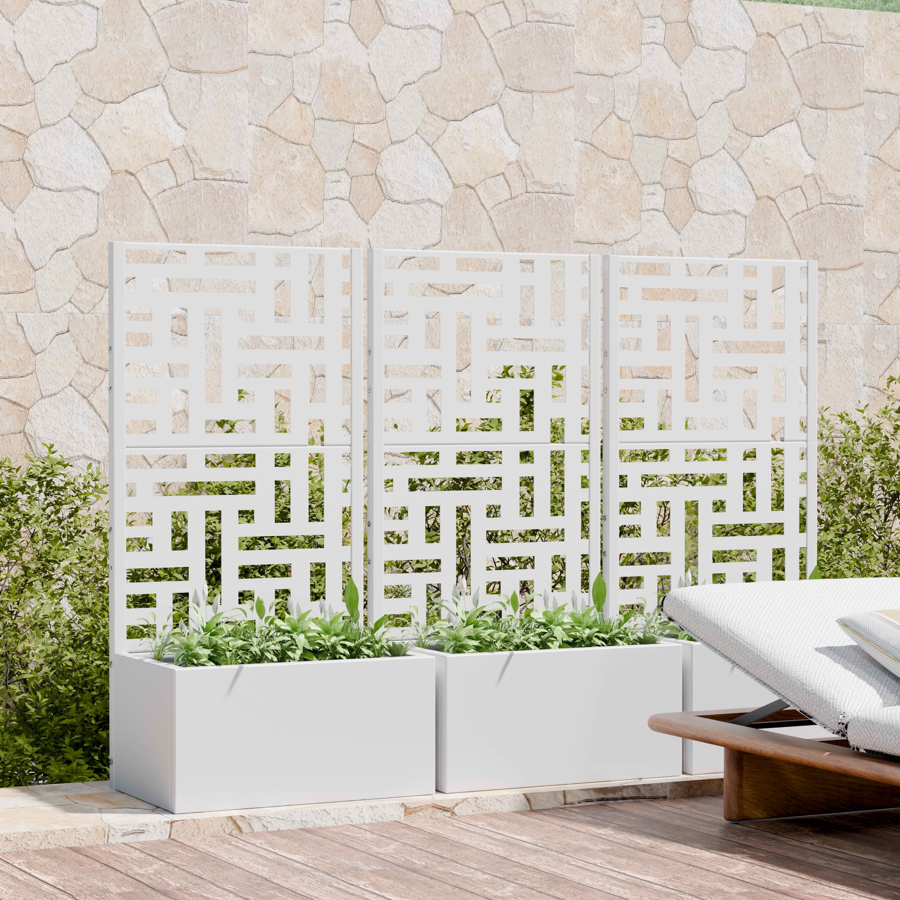 MAYEERTY 47X24" Metal Outdoor White Privacy Screen with Planter Box for Backyard & Garden, 2 Piece Set