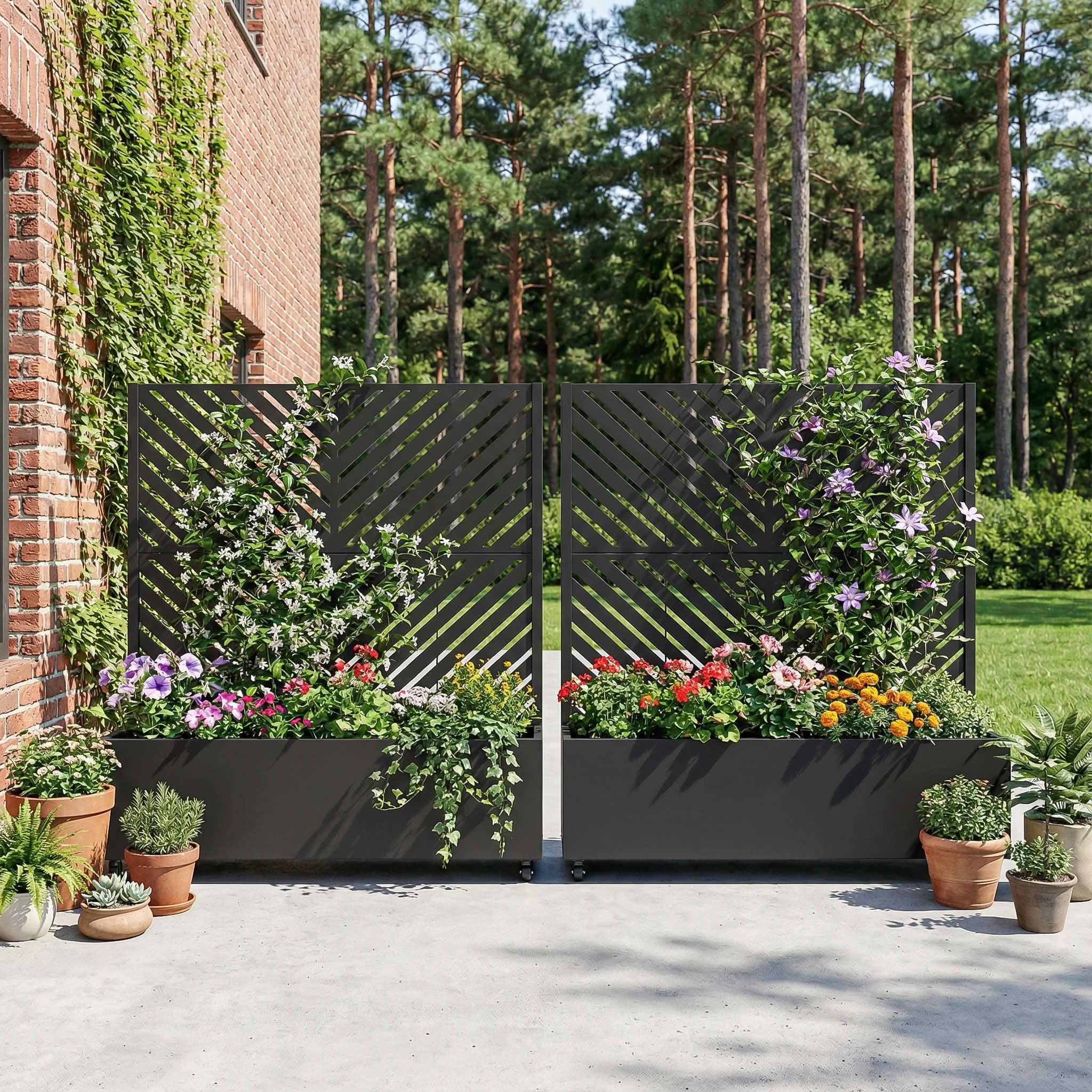MAYEERTY 47X47" Metal Outdoor Black Privacy Screen with Planter Box for Backyard & Garden, 2 Piece Set, Double‑sided Installation