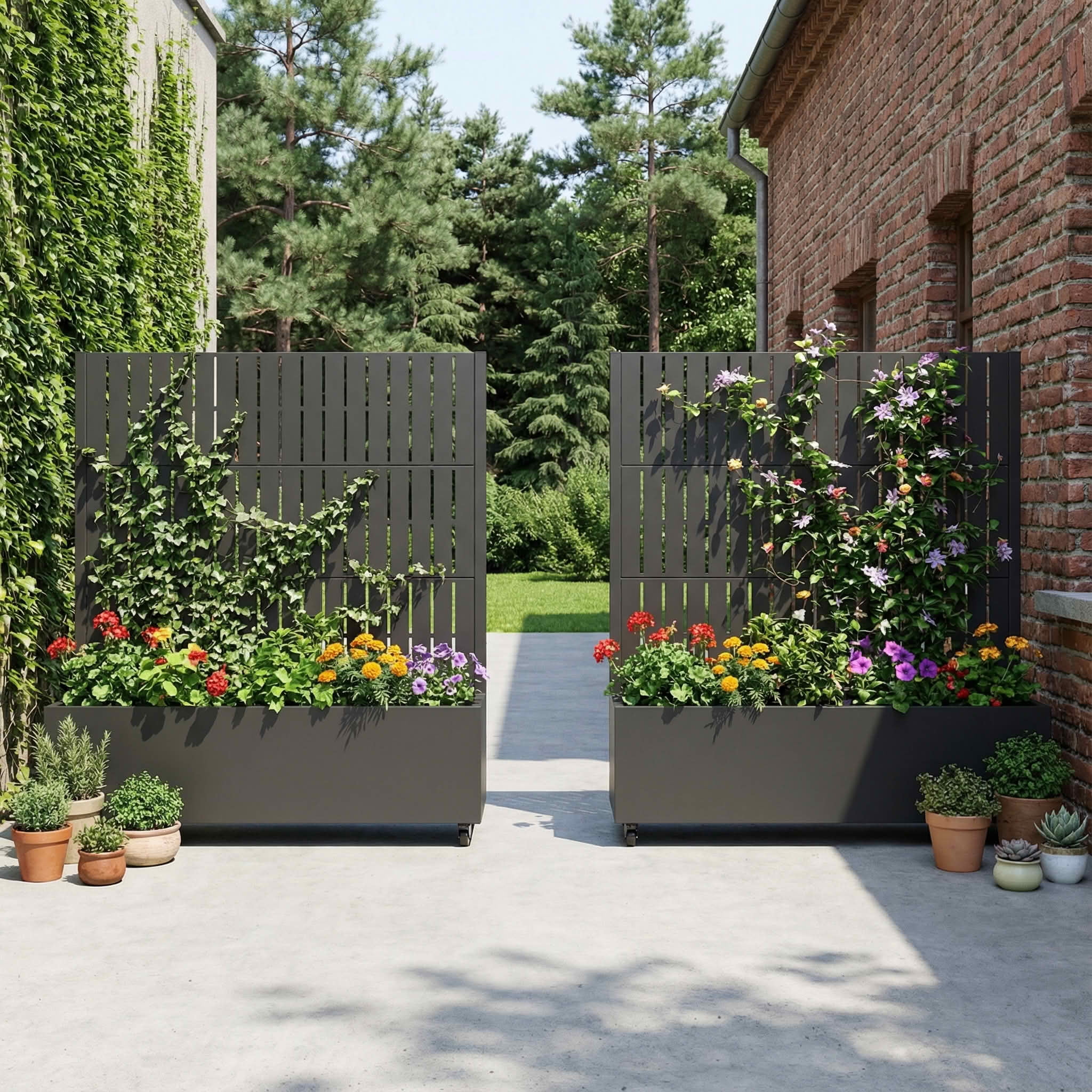 MAYEERTY 47X47" Metal Outdoor Black Privacy Screen with Planter Box for Backyard & Garden, 3 Piece Set, Double‑sided Installation