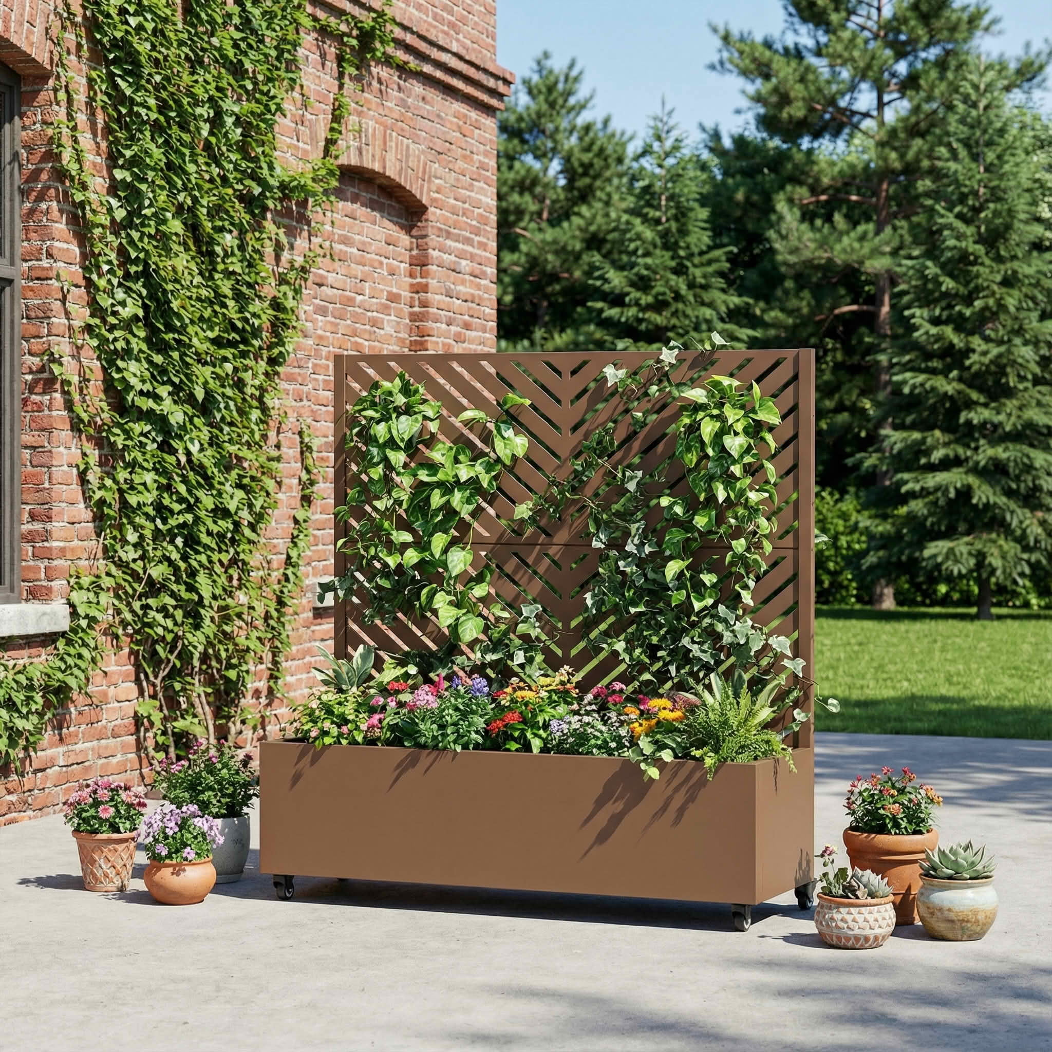 MAYEERTY 47X47" Metal Outdoor Brown Privacy Screen with Planter Box for Backyard & Garden, 2 Piece Set