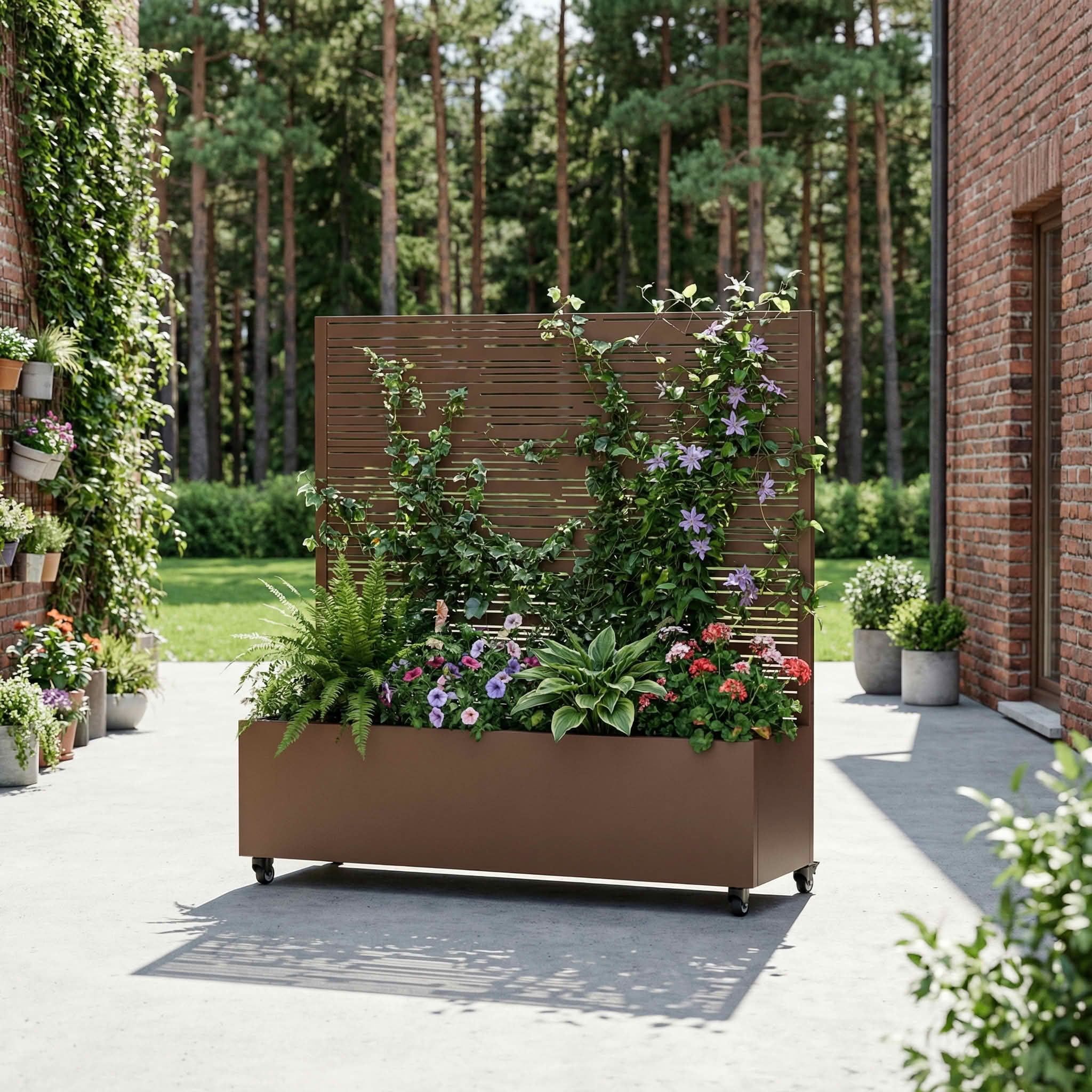 MAYEERTY 47X47" Metal Outdoor Brown Privacy Screen with Planter Box for Backyard & Garden, 3 Piece Set