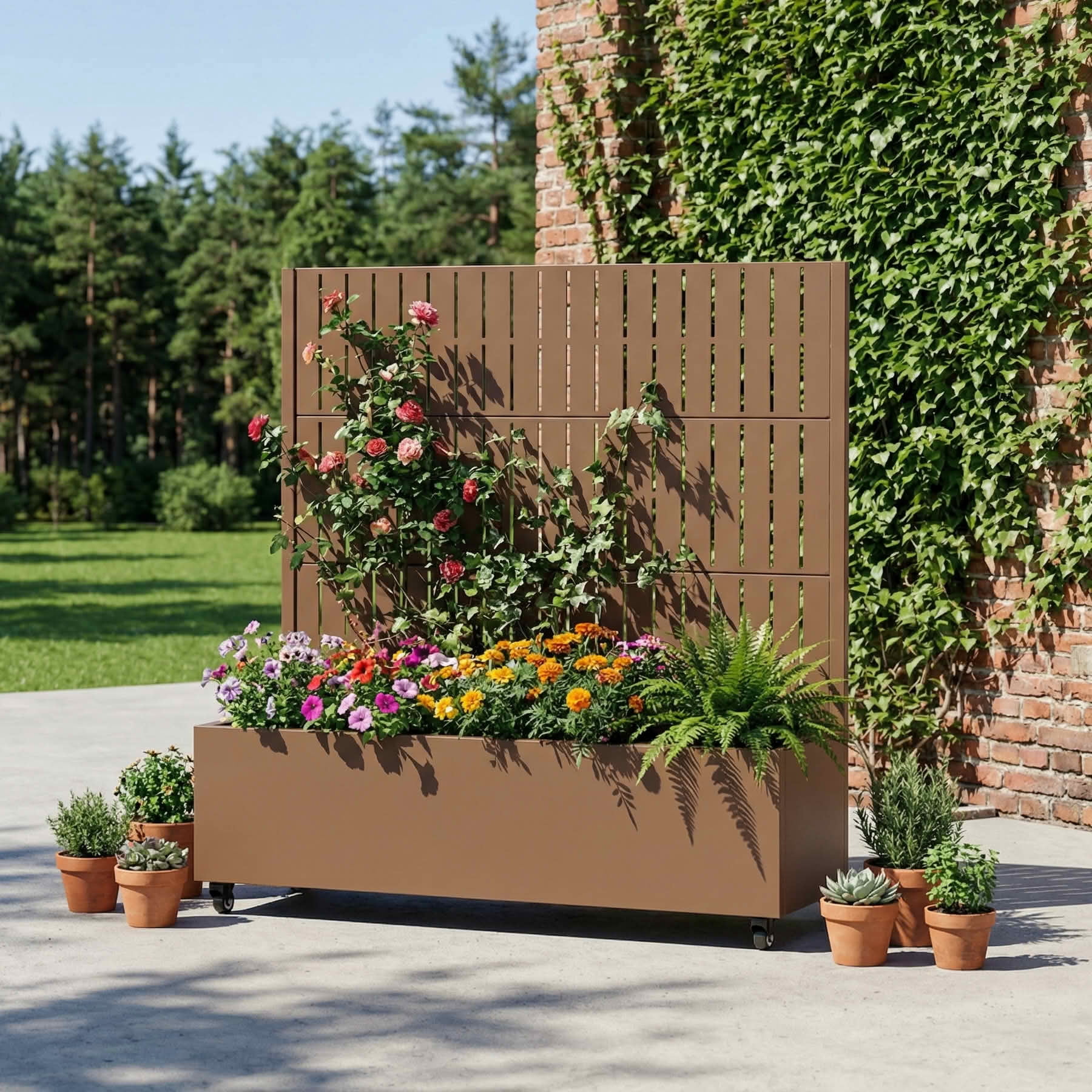MAYEERTY 47X47" Metal Outdoor Brown Privacy Screen with Planter Box for Backyard & Garden, 3 Piece Set