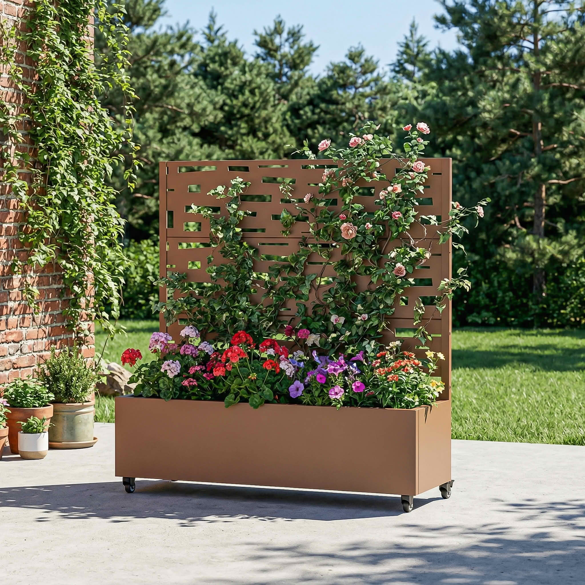 MAYEERTY 47X47" Metal Outdoor Brown Privacy Screen with Planter Box for Backyard & Garden, 3 Piece Set