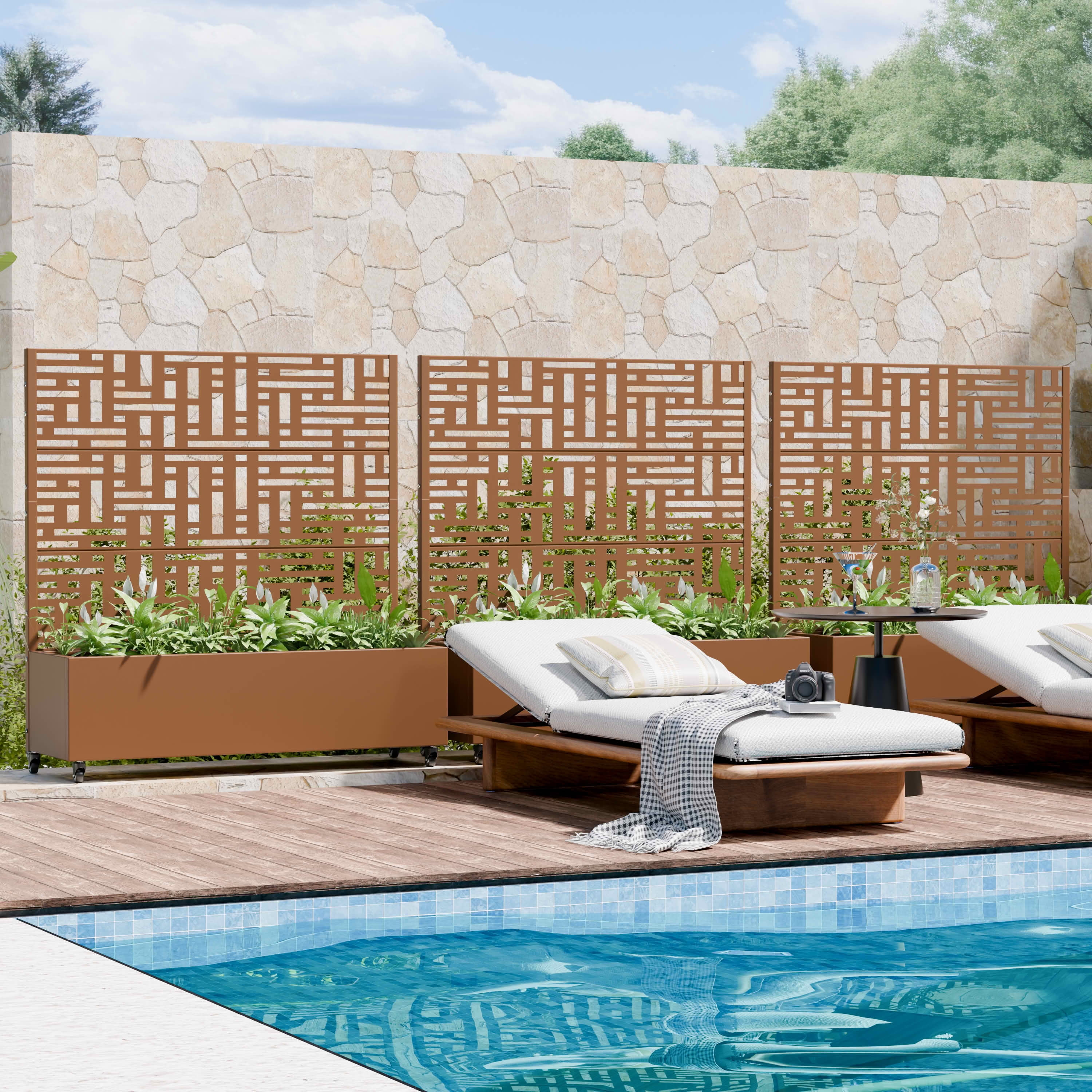 MAYEERTY 47X47" Metal Outdoor Brown Privacy Screen with Planter Box for Backyard & Garden, 3 Piece Set