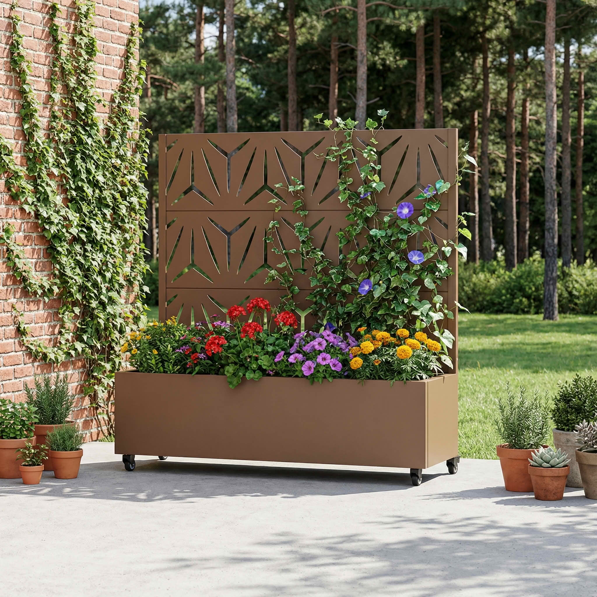 MAYEERTY 47X47" Metal Outdoor Brown Privacy Screen with Planter Box for Backyard & Garden, 3 Piece Set