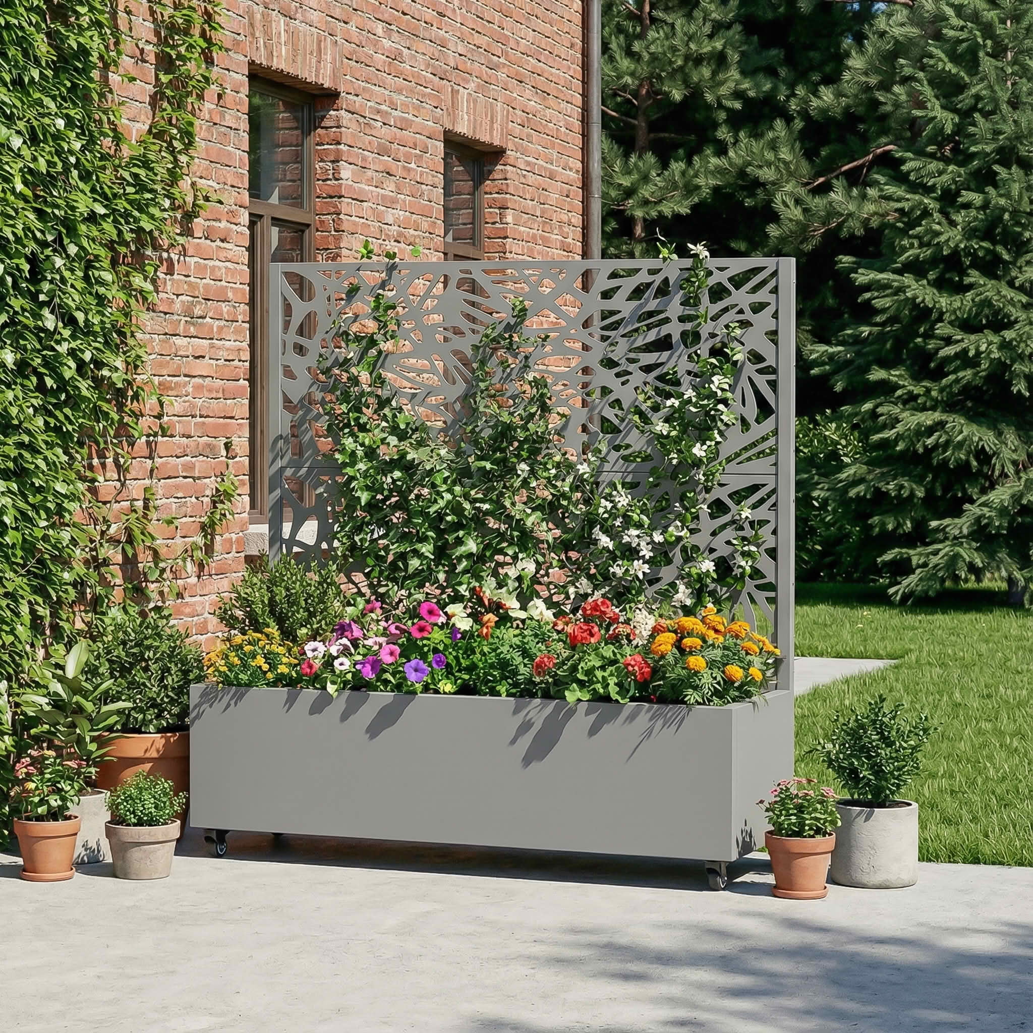 MAYEERTY 47X47" Metal Outdoor Gray Privacy Screen with Planter Box for Backyard & Garden, 2 Piece Set