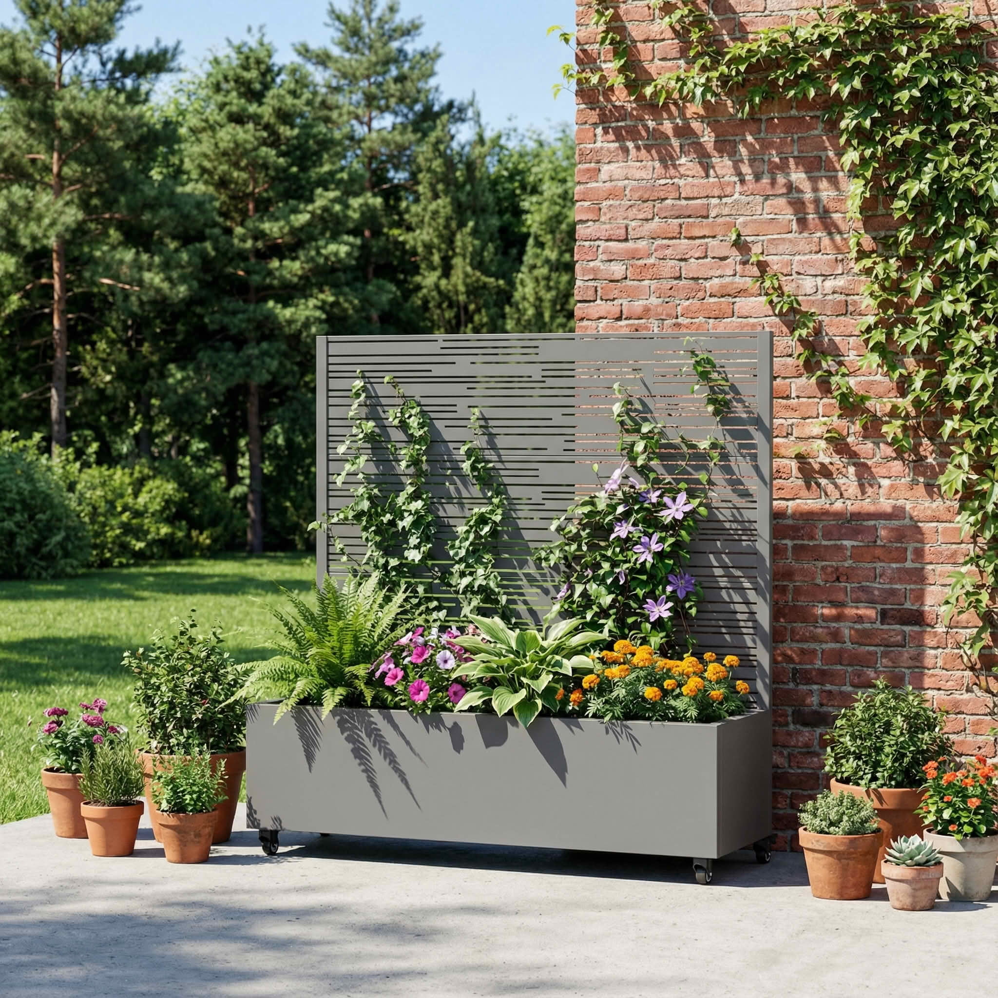 MAYEERTY 47X47" Metal Outdoor Gray Privacy Screen with Planter Box for Backyard & Garden, 3 Piece Set