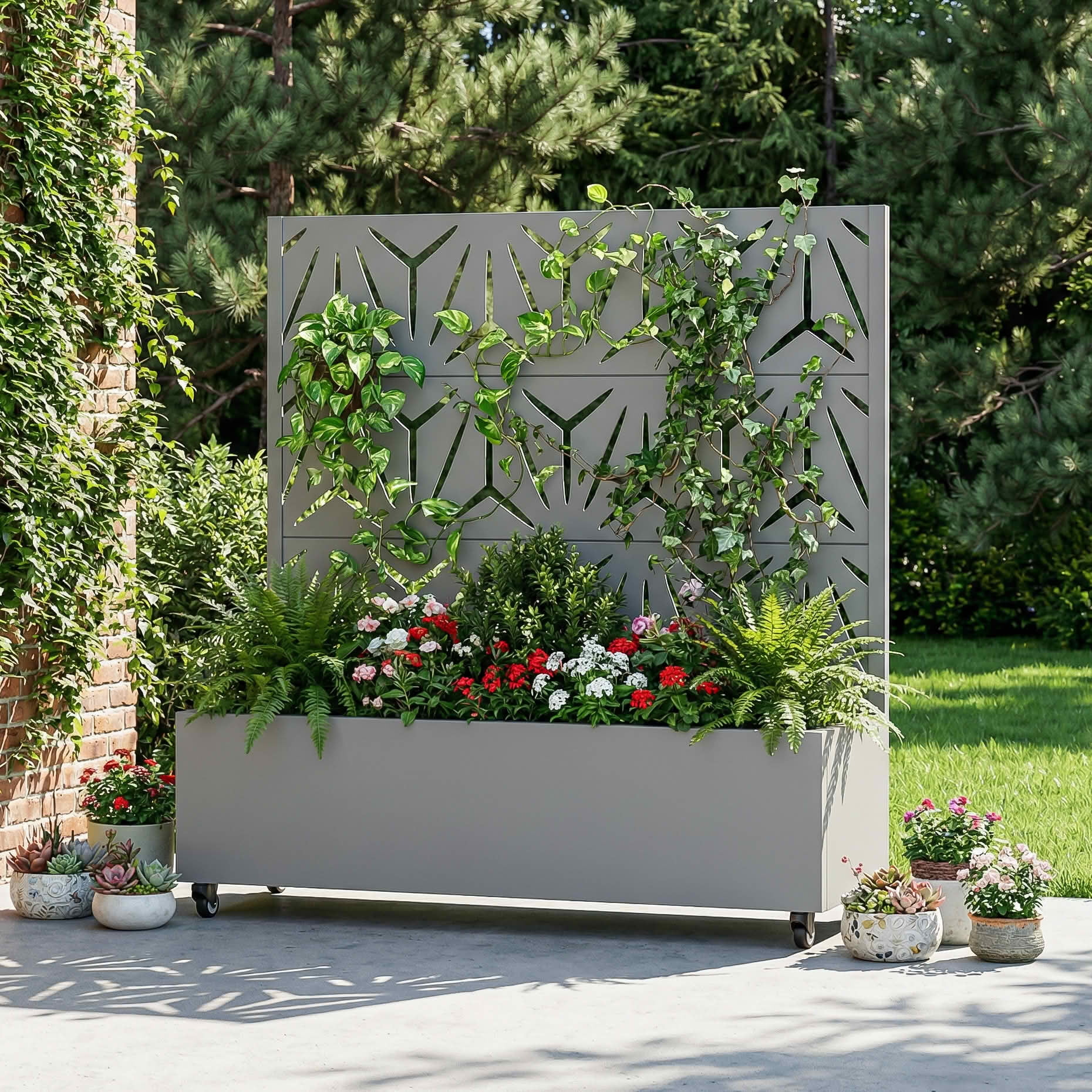 MAYEERTY 47X47" Metal Outdoor Gray Privacy Screen with Planter Box for Backyard & Garden, 3 Piece Set