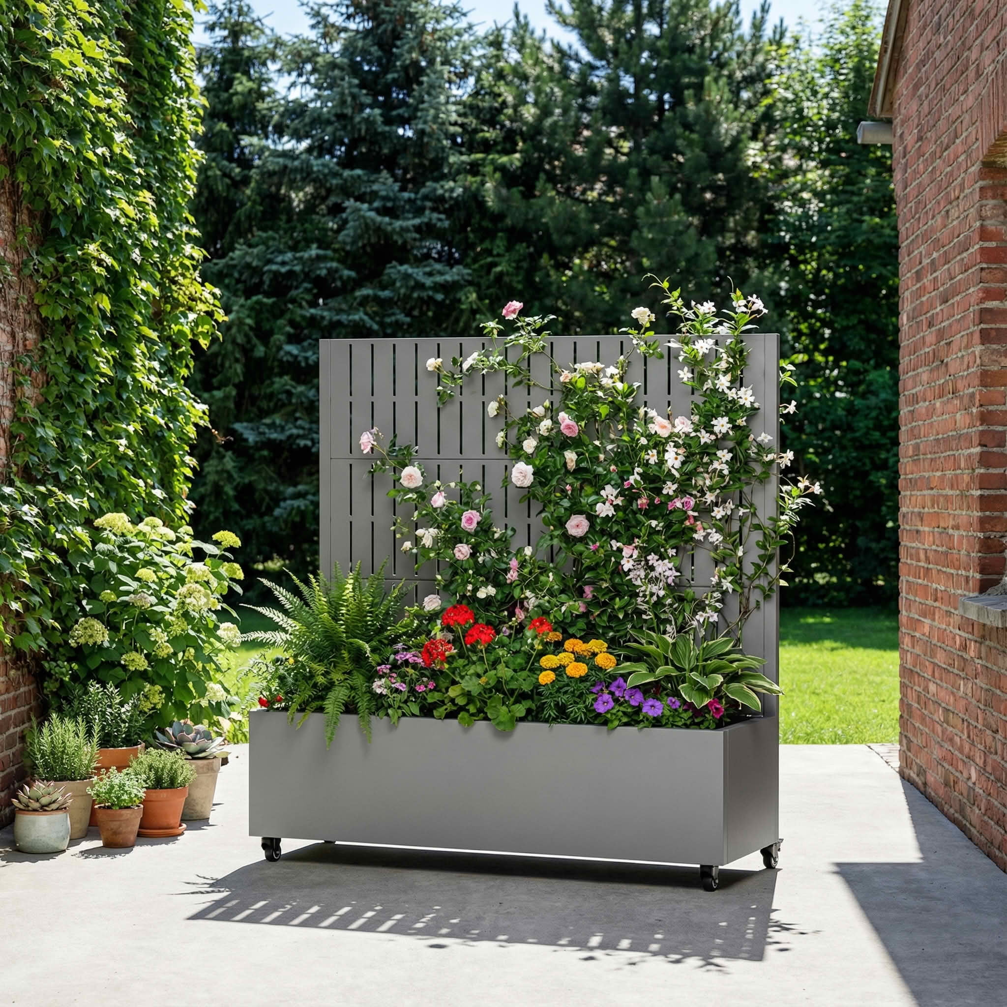 MAYEERTY 47X47" Metal Outdoor Gray Privacy Screen with Planter Box for Backyard & Garden, 3 Piece Set