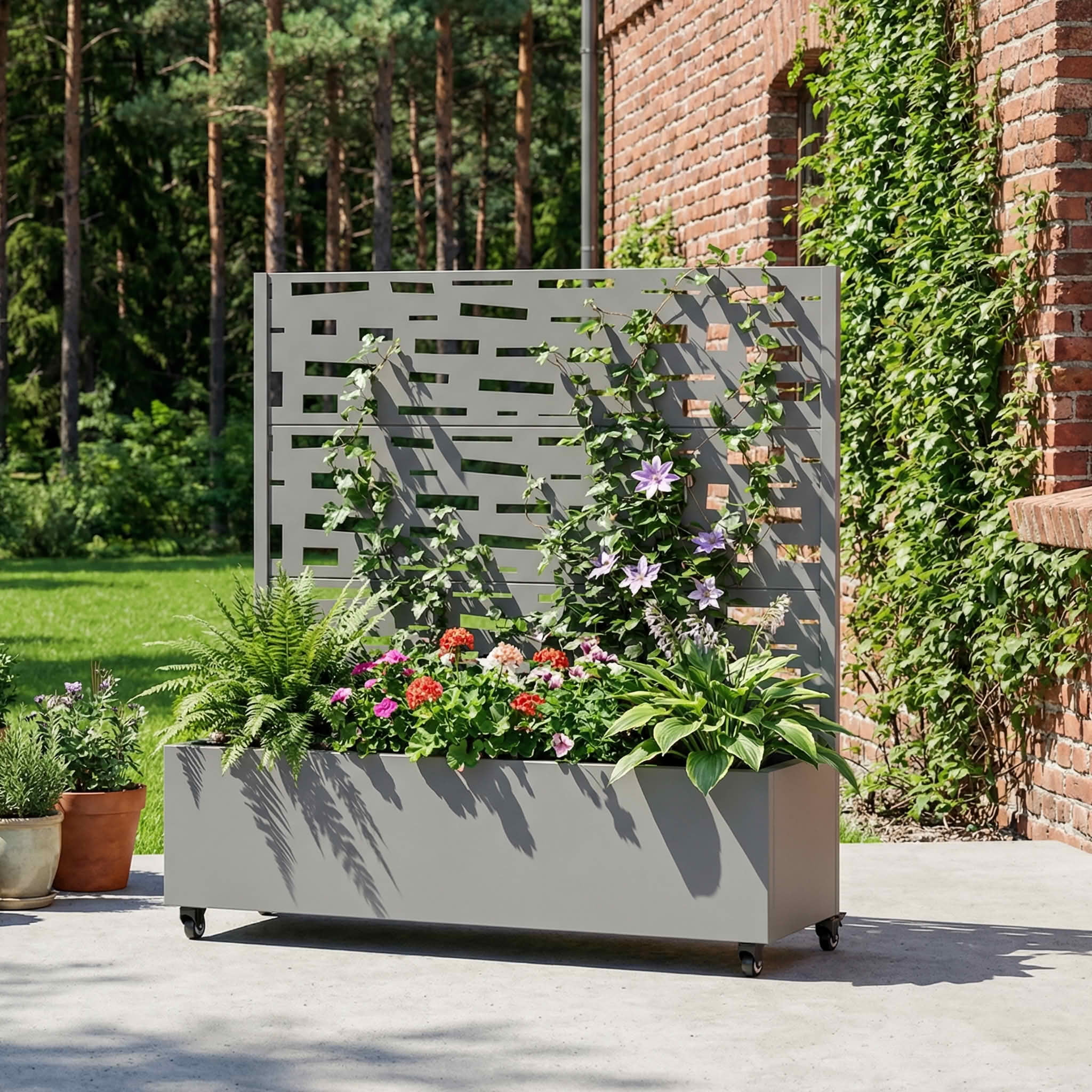 MAYEERTY 47X47" Metal Outdoor Gray Privacy Screen with Planter Box for Backyard & Garden, 3 Piece Set