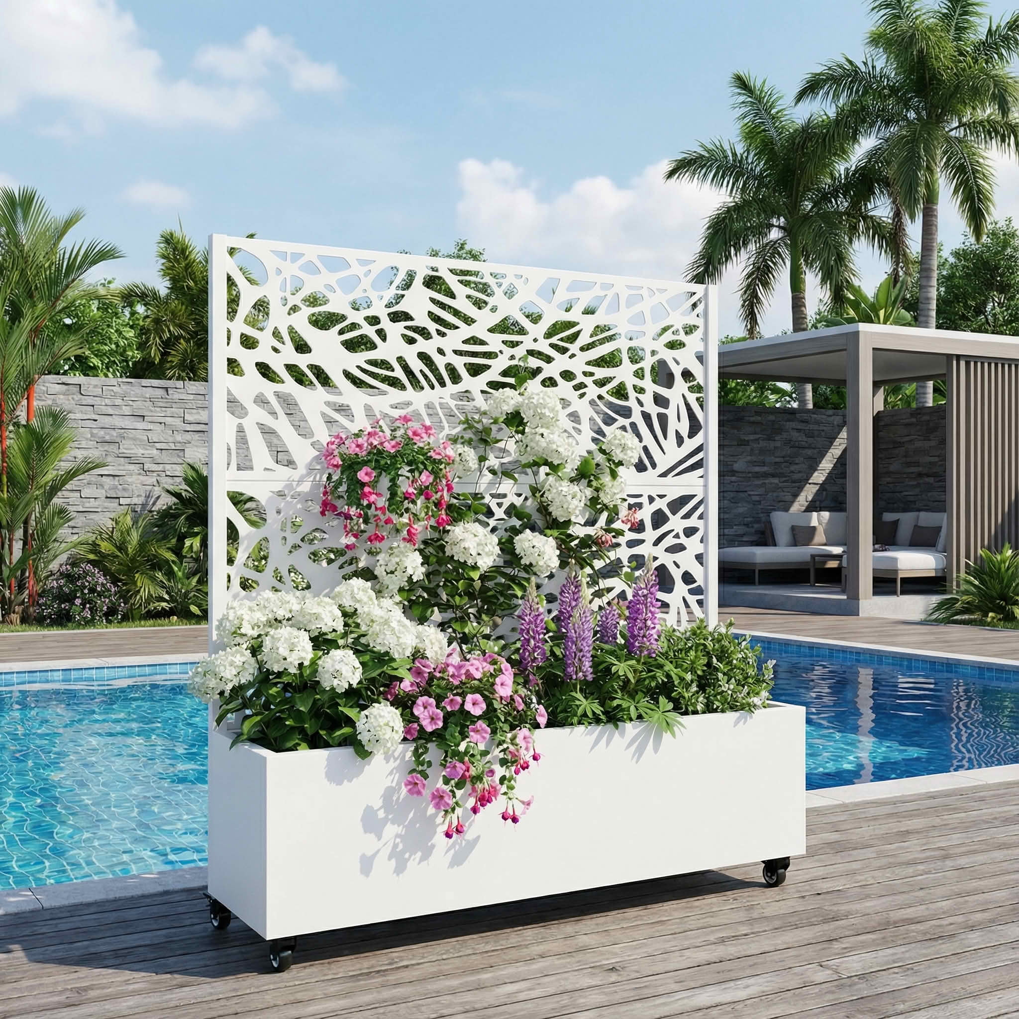 MAYEERTY 47X47" Metal Outdoor White Privacy Screen with Planter Box for Backyard & Garden, 2 Piece Set