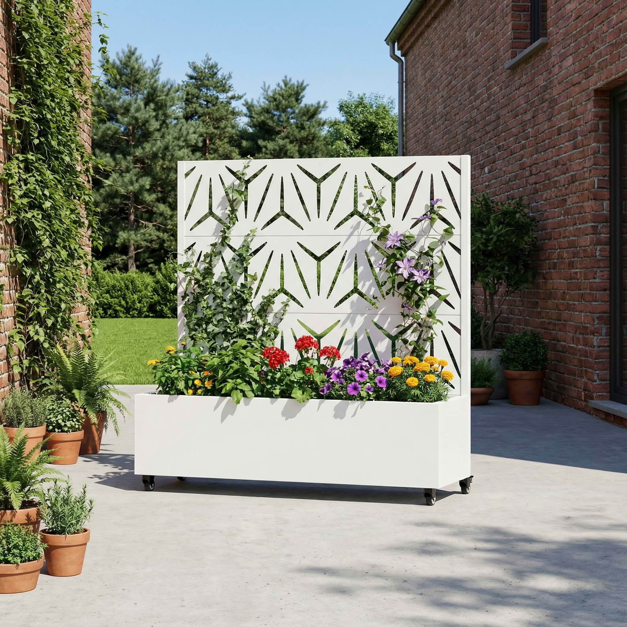 MAYEERTY 47X47" Metal Outdoor White Privacy Screen with Planter Box for Backyard & Garden, 3 Piece Set