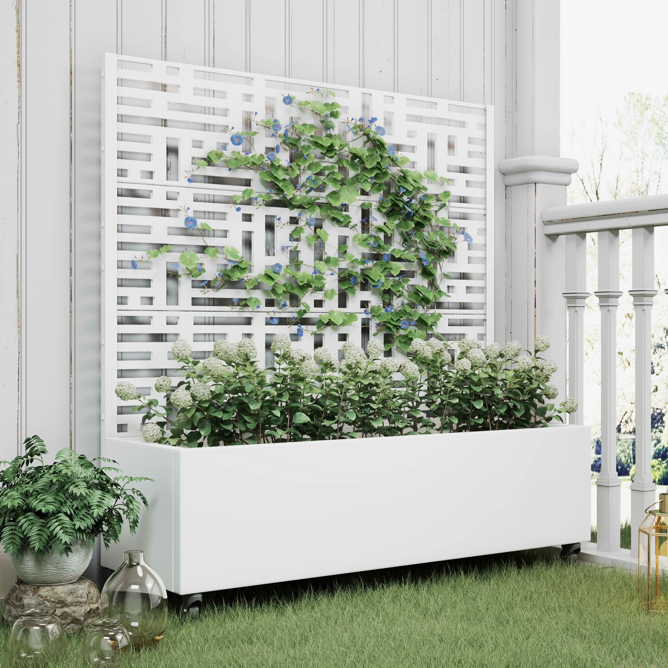 MAYEERTY 47X47" Metal Outdoor White Privacy Screen with Planter Box for Backyard & Garden, 3 Piece Set