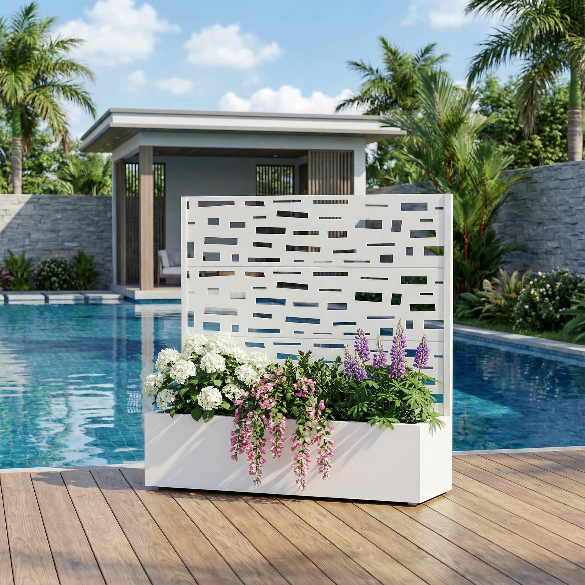 MAYEERTY 47X47" Metal Outdoor White Privacy Screen with Planter Box for Backyard & Garden, 3 Piece Set