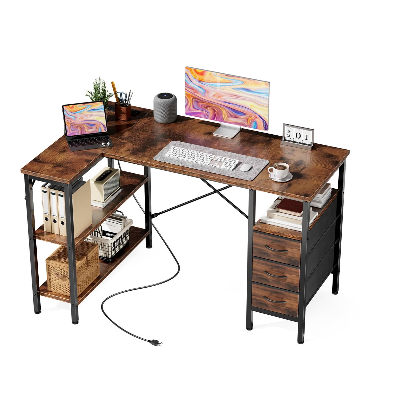MAYEERTY 47in L-Shaped Gaming Desk, 3 Drawers Monitor Stand USB Port Power Socket, Corner Workstation