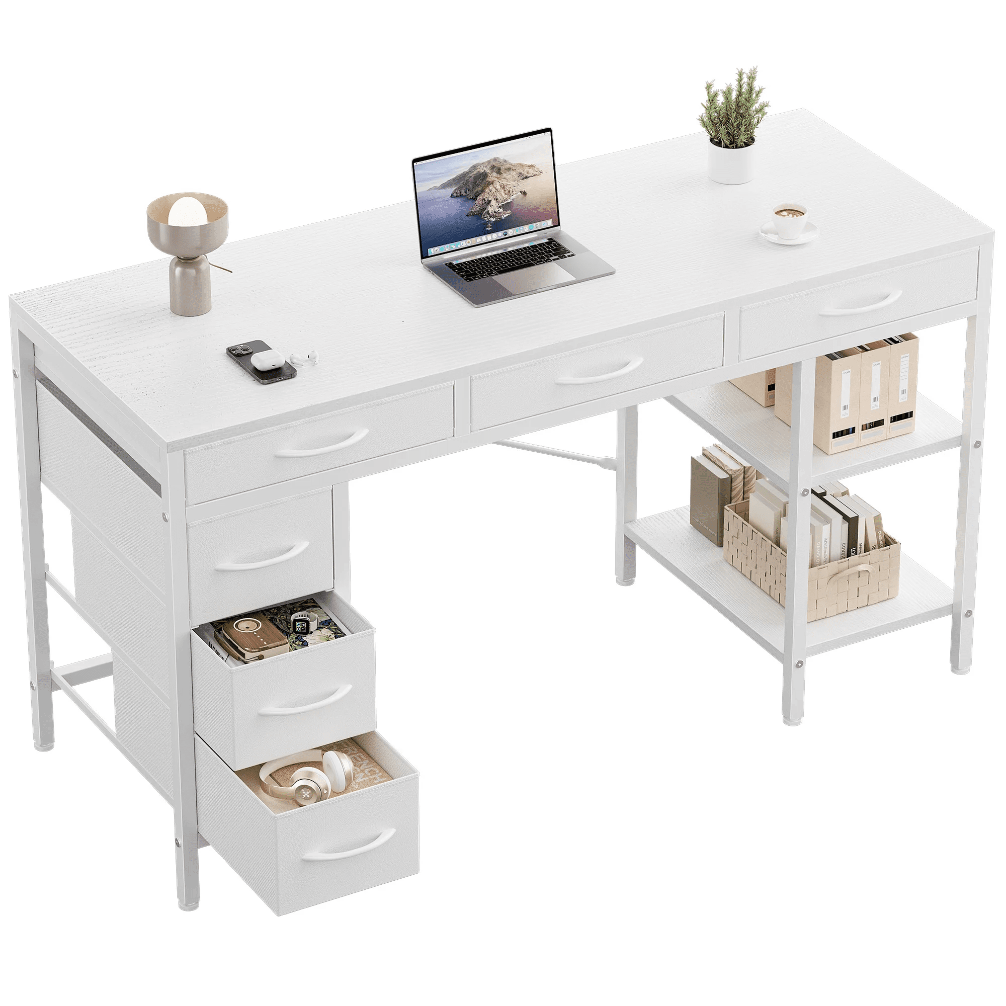 MAYEERTY 47in Writing Desk, 6 Fabric Drawers 2 Storage Shelves Adjustable Removable Shelf, Home Office