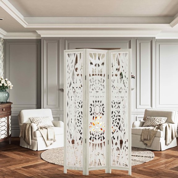 MAYEERTY 47x1x67 Inch White Carved Flower Wooden Folding Privacy Screen, 3 Panel Set for Home & Garden