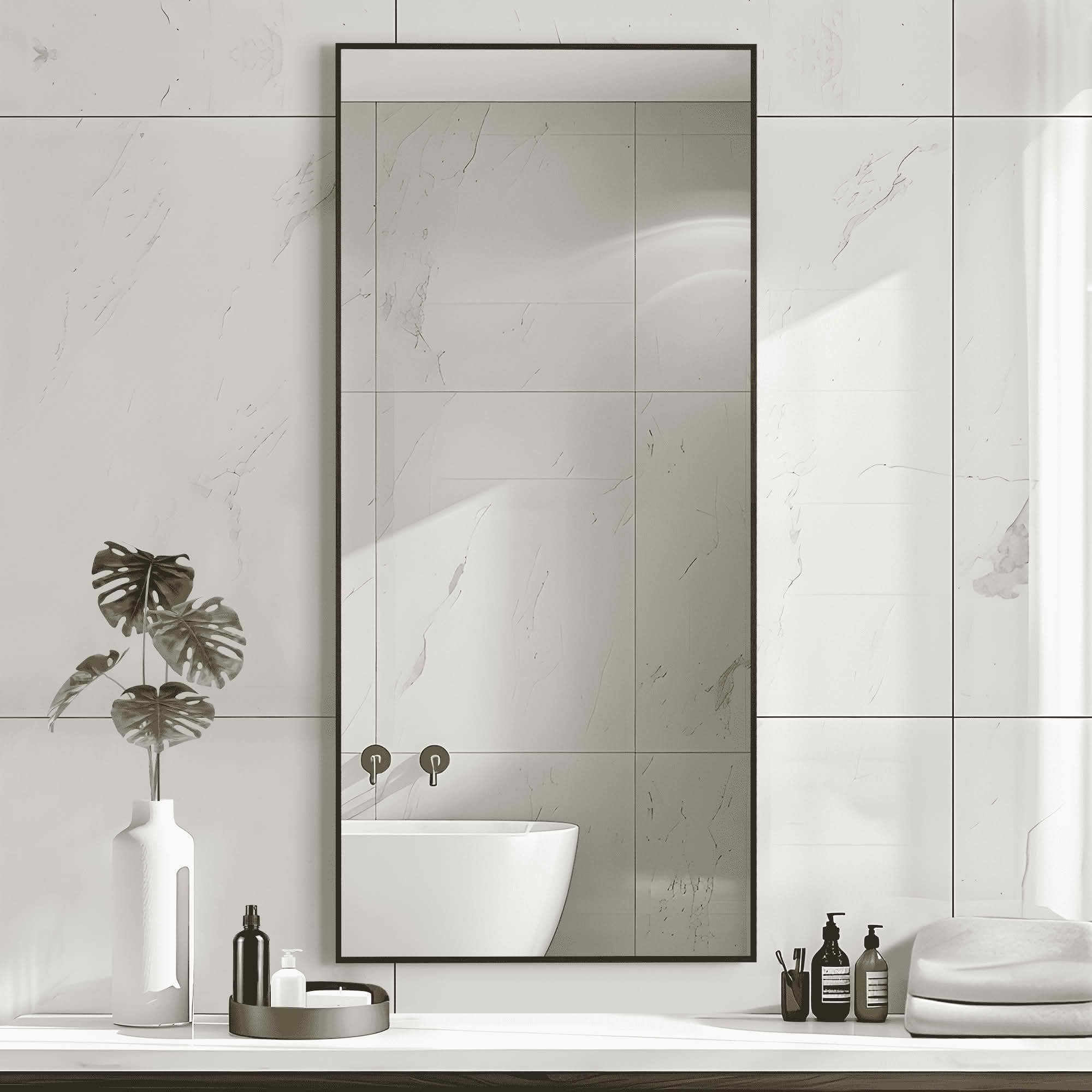 MAYEERTY 47x22x1 Inch Black Thin Edge Aluminum Right Angle Rectangular Wall Mounted Mirror for Bathroom