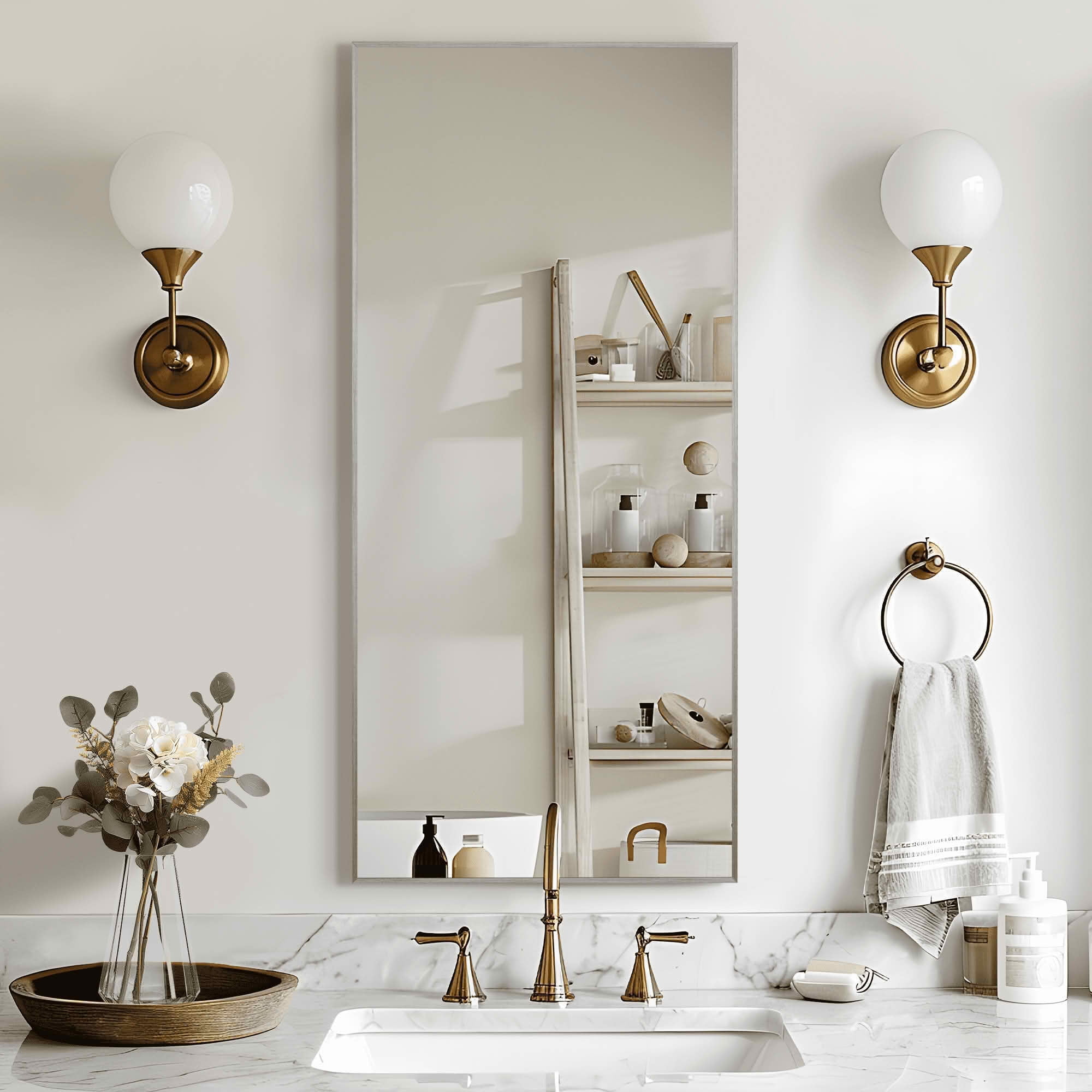 MAYEERTY 47x22x1 Inch Silver Thin Edge Aluminum Right Angle Rectangular Wall Mounted Mirror for Bathroom