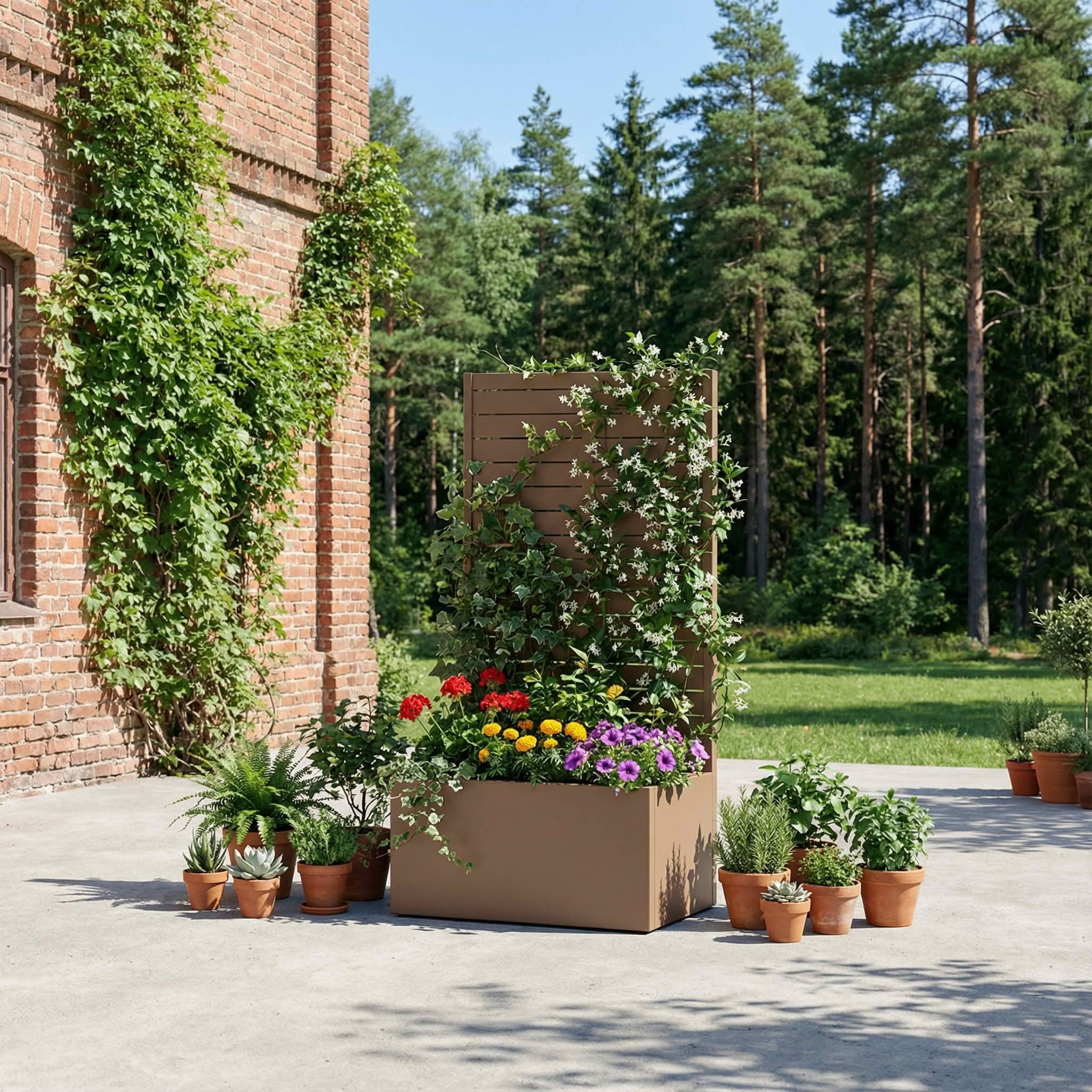 MAYEERTY 47x24 Brown Rectangular Iron Planter Box with Trellis, 2 Piece Set Decorative Garden Screen for Patio and Balcony