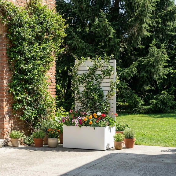 MAYEERTY 47x24x12 Inch White Metal Rectangular Planter Box with Trellis, 2 Piece Set for Outdoor Garden & Patio
